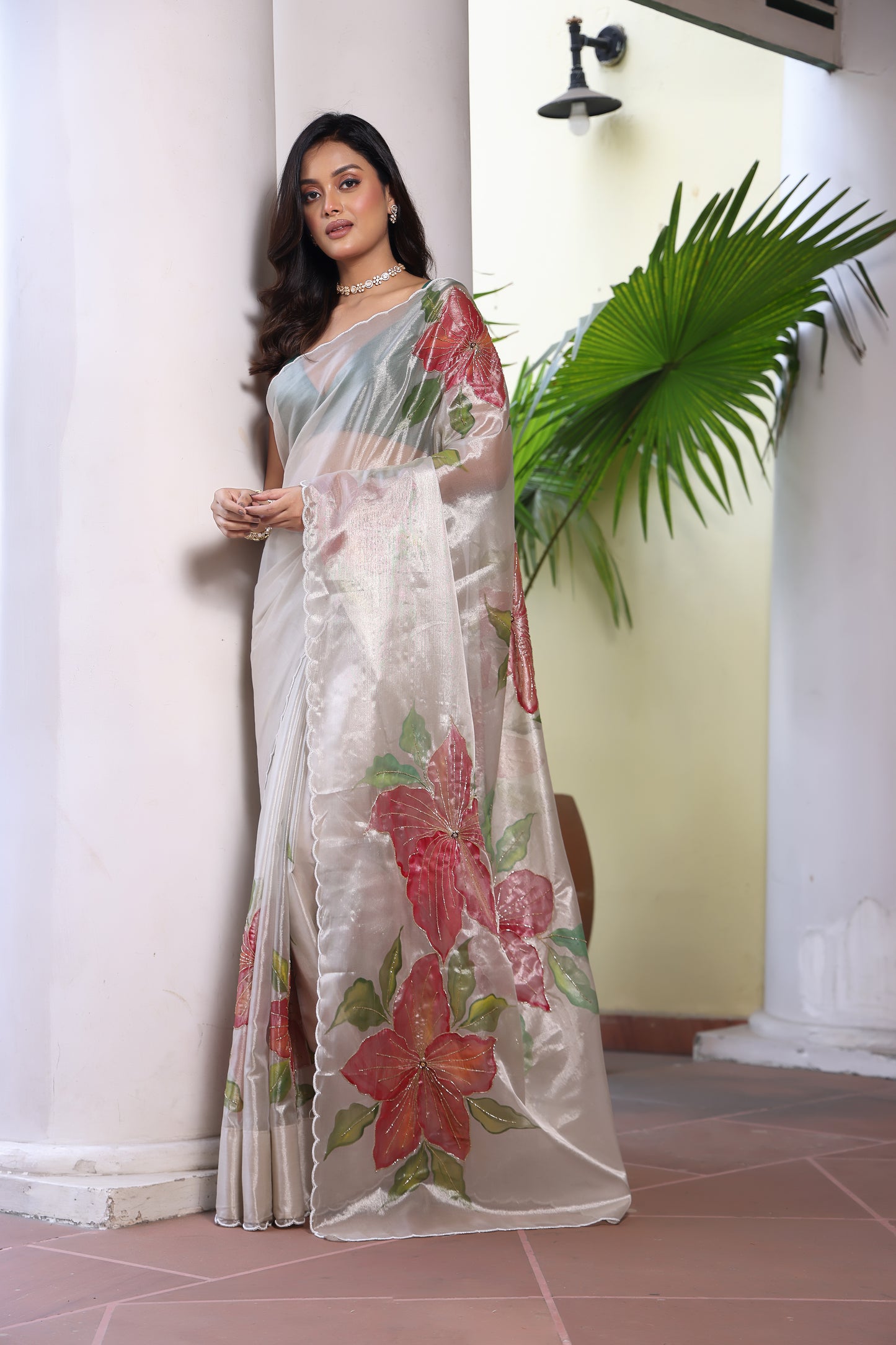CHITRAKARI- Powder Grey Tissue Handpainted Saree With Handwork