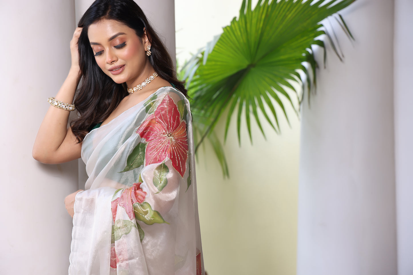 CHITRAKARI- Powder Grey Tissue Handpainted Saree With Handwork