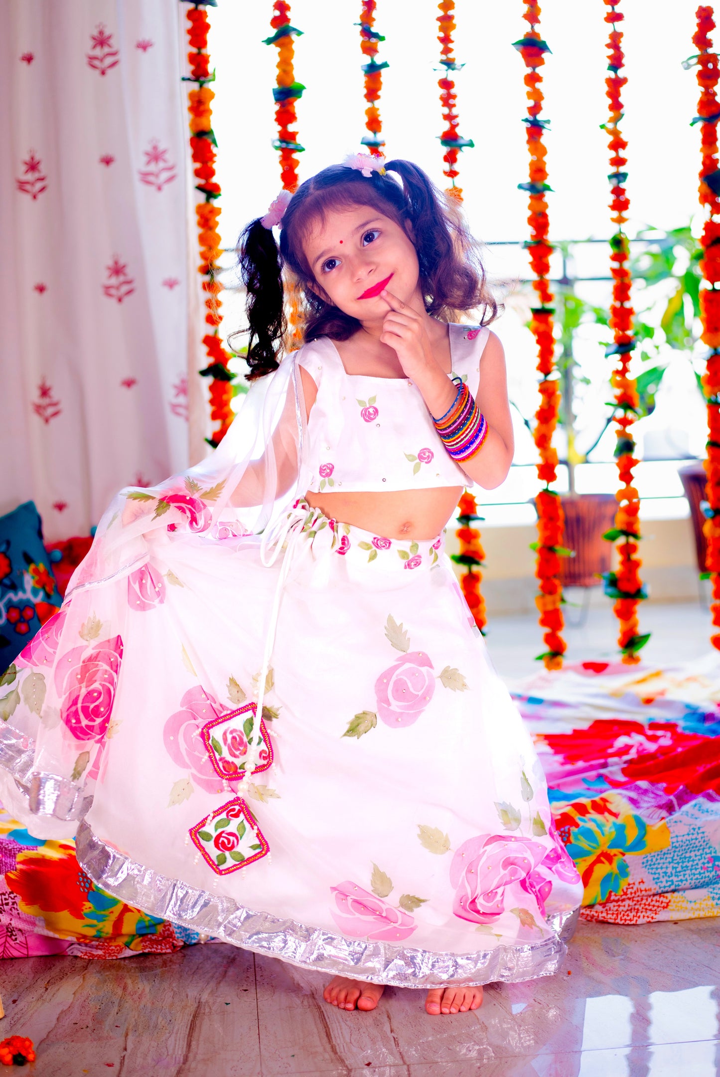 White Organza Handpainted Kids lehenga Set
