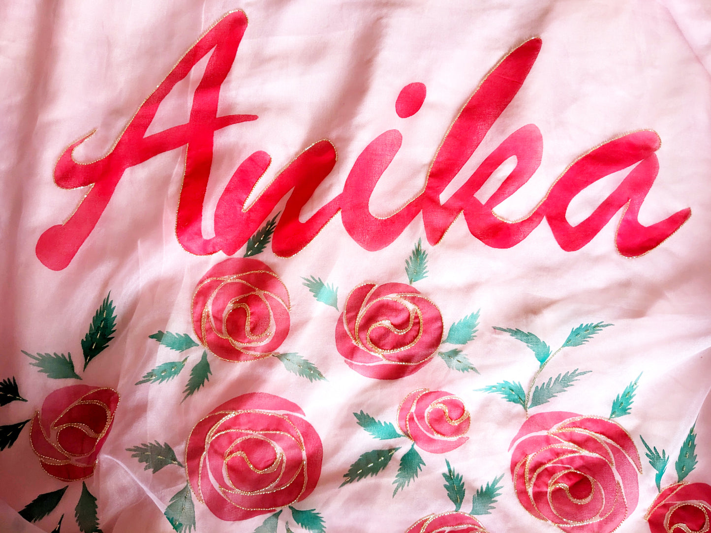 DUPATTAS- Custom Name Soft Pink Hand-Painted Organza Dupatta with Handembroidery