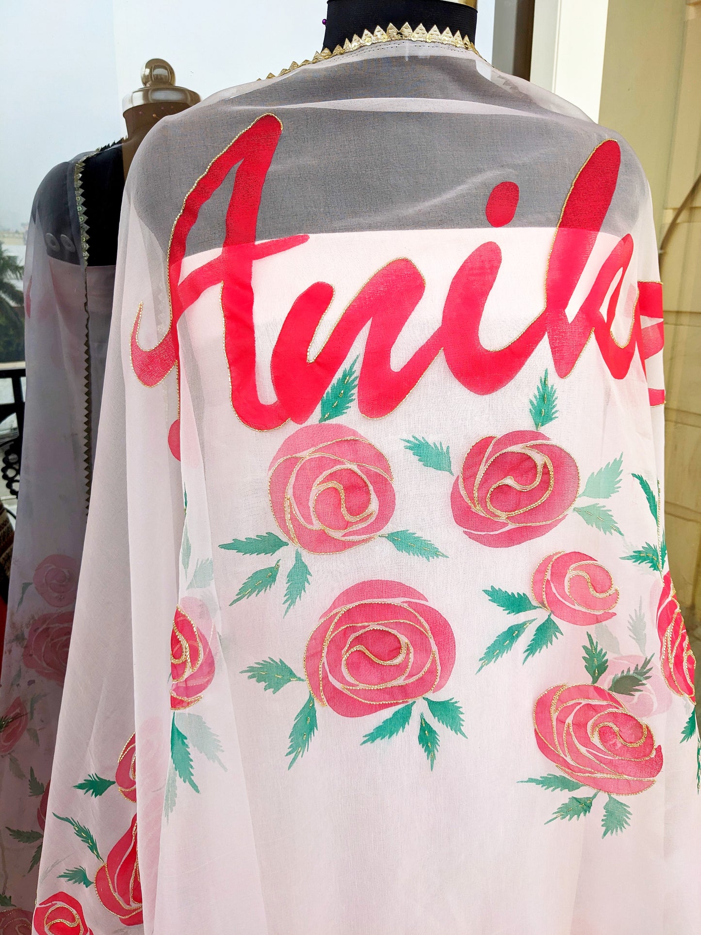DUPATTAS- Custom Name Soft Pink Hand-Painted Organza Dupatta with Handembroidery