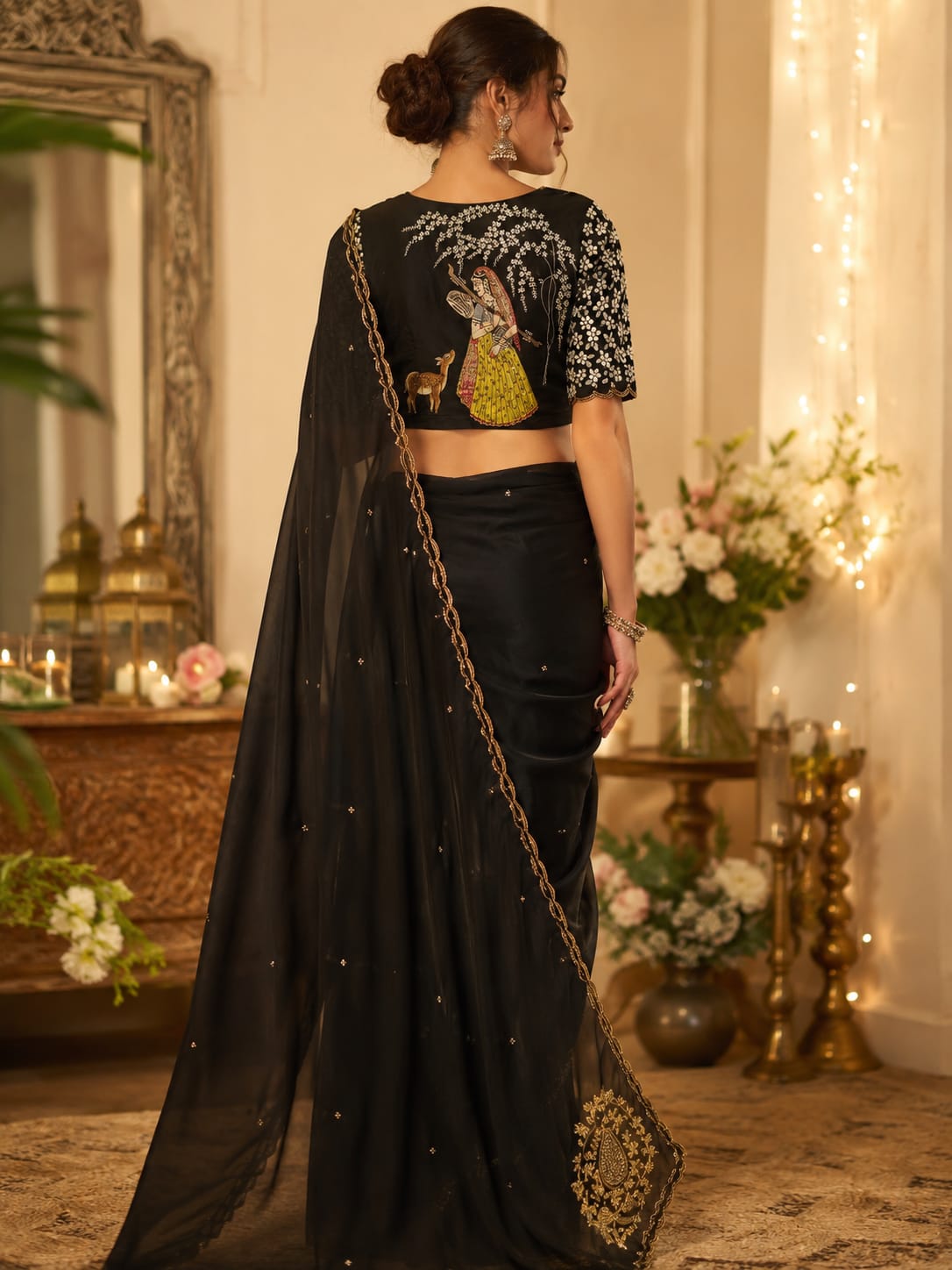 Black Handpainted Organza Saree and Blouse set