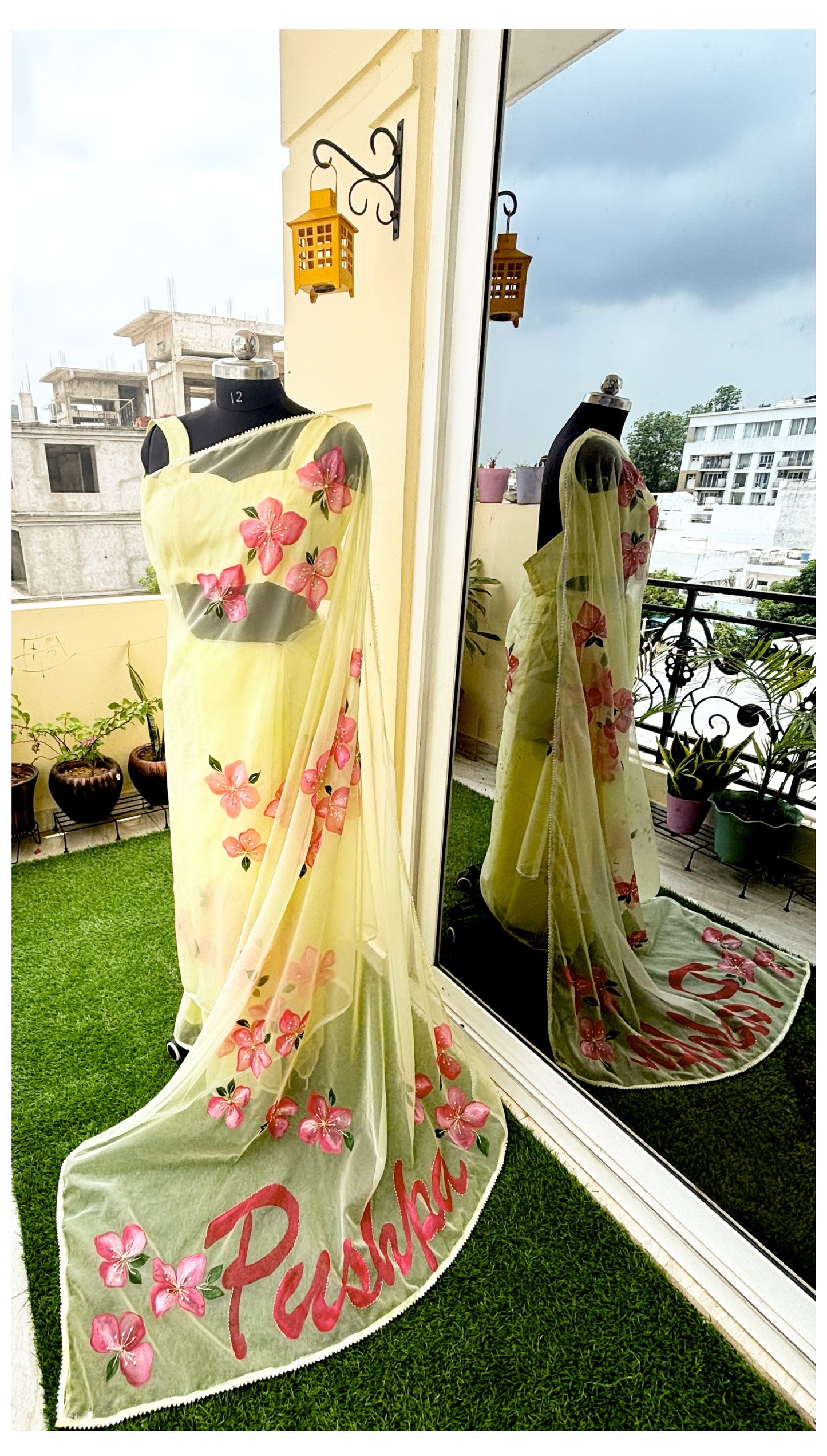 CHITRAKARI-Lemon Yellow Handpainted Organza Saree With Handembroidery