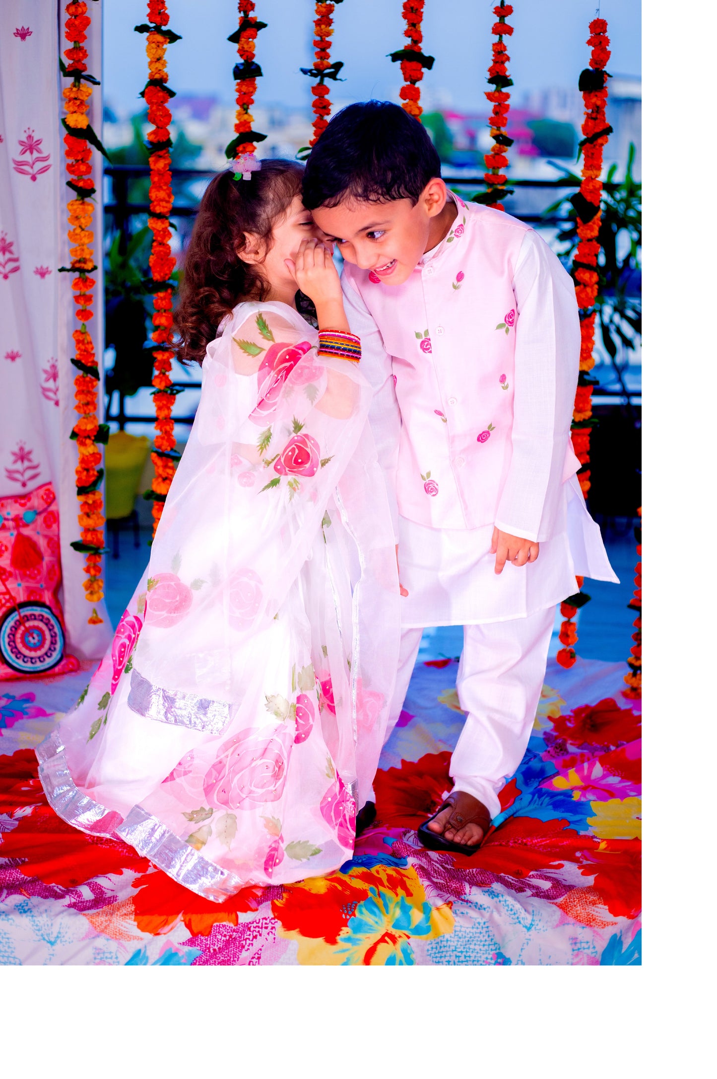 White Organza Handpainted Kids lehenga Set