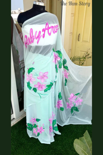 CHITRAKARI -Custom Name Sea Green Handpainted Saree with Pearl Handwork Detailings