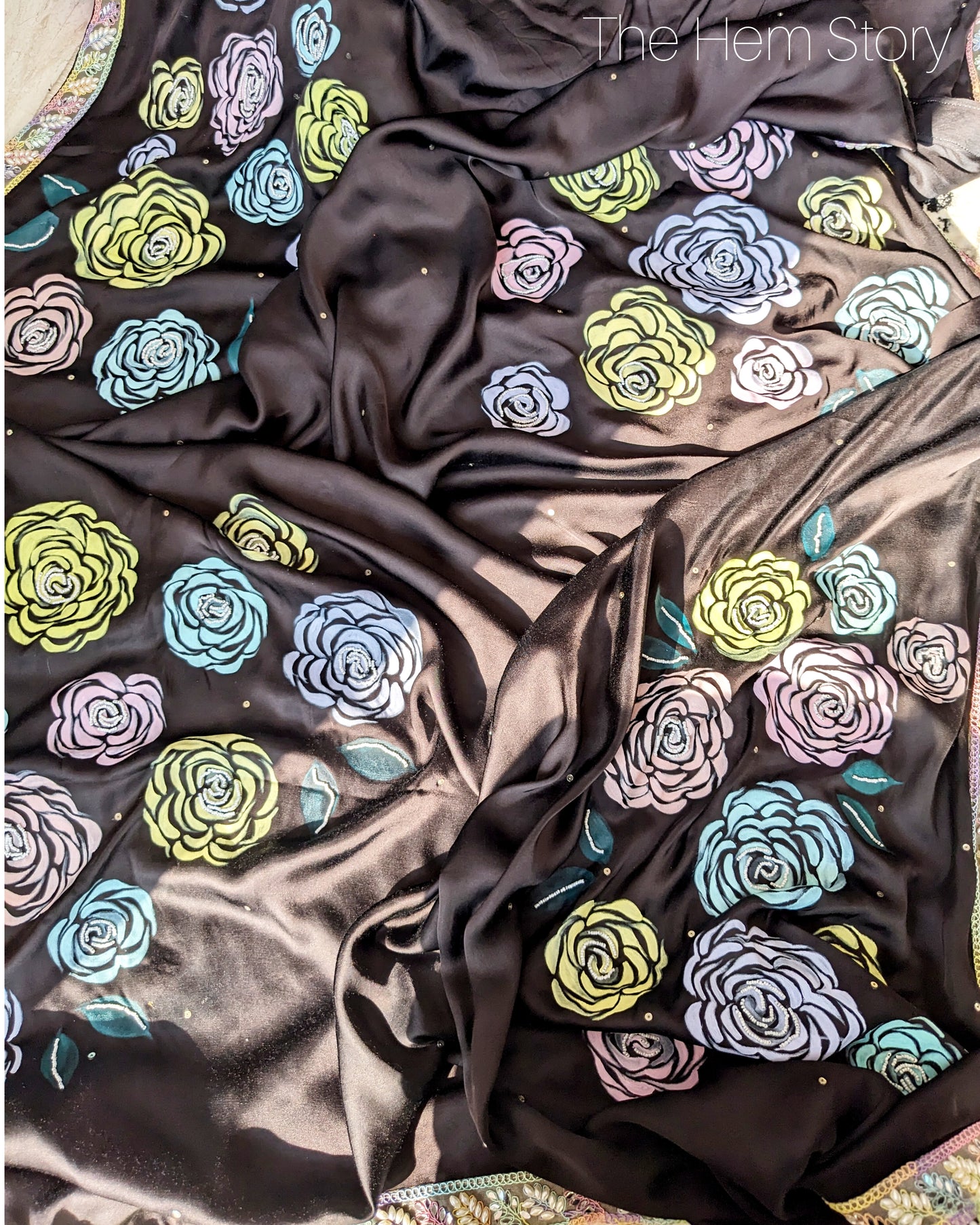 CHITRAKARI- Black Handpainted Pastel Roses Saree with Handwork & Embellished Borders