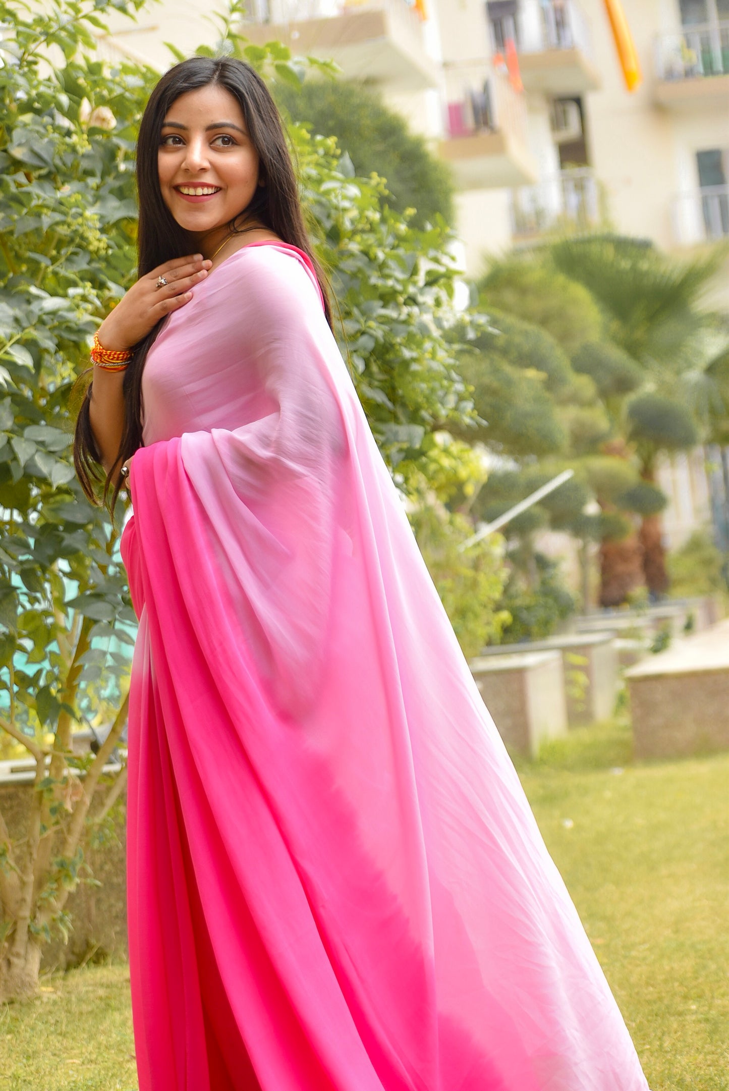 JASHN -Pink Ombre Pure Georgette Saree
