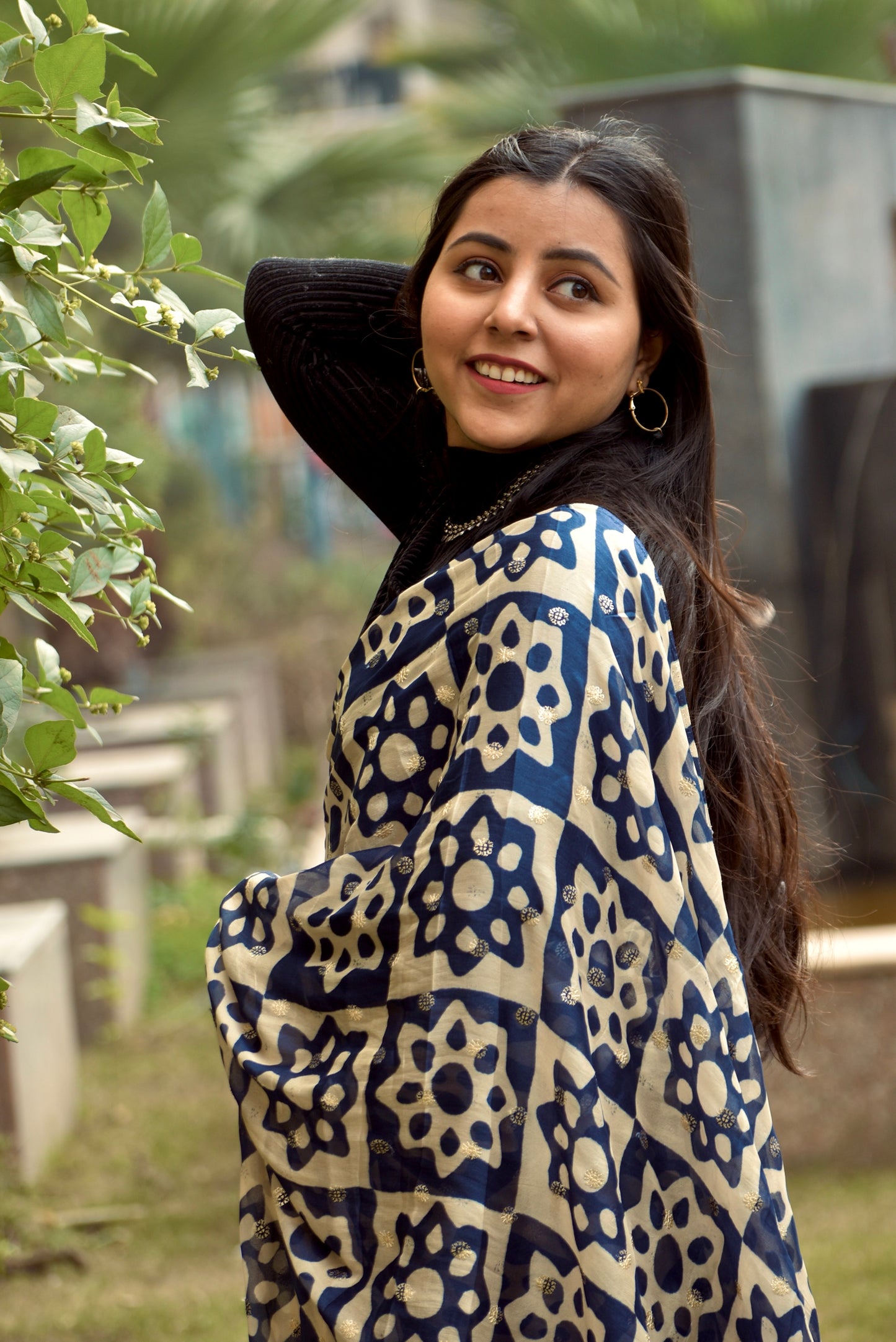 FIZA-Indigo Sequins Work Chinon Silk Saree