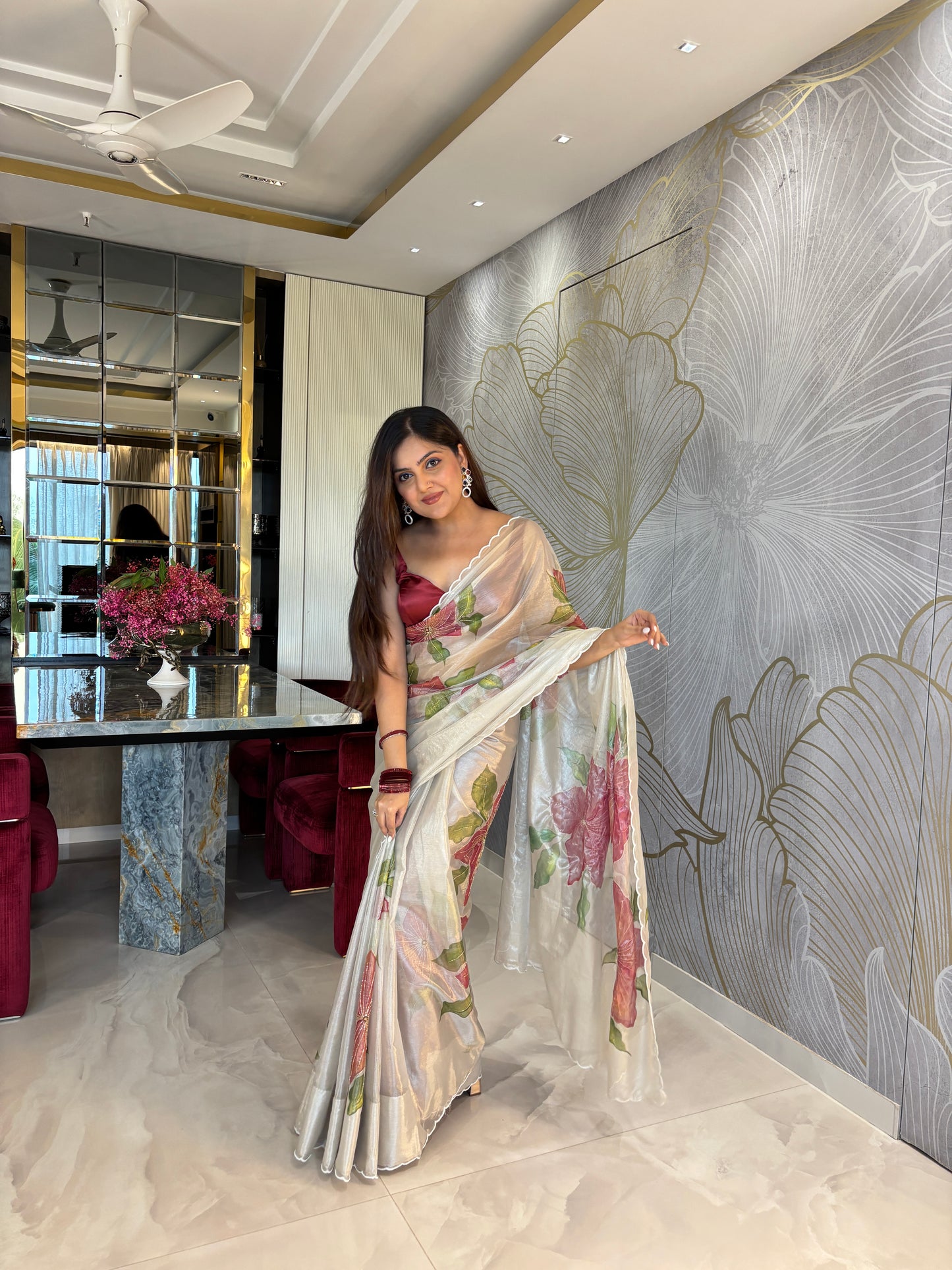 CHITRAKARI- Powder Grey Tissue Handpainted Saree With Handwork