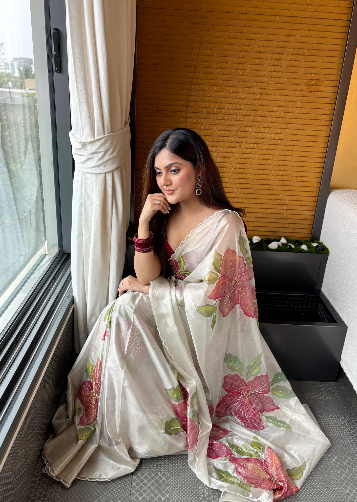 CHITRAKARI- Powder Grey Tissue Handpainted Saree With Handwork