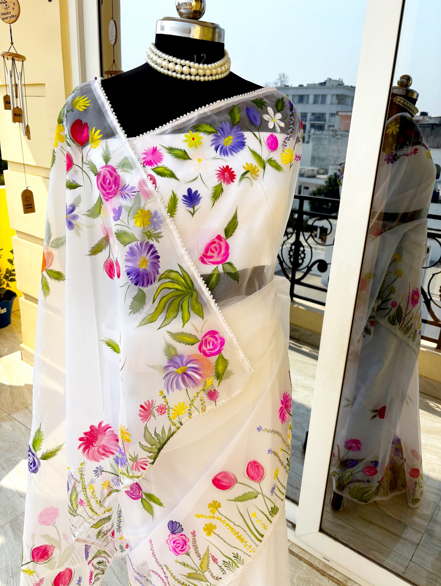 White Floral Handpainted Organza Saree with Pearl Borders
