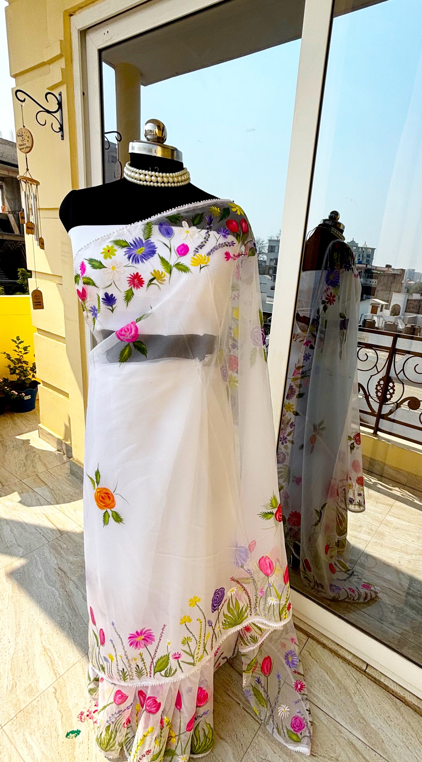White Floral Handpainted Organza Saree with Pearl Lace Borders