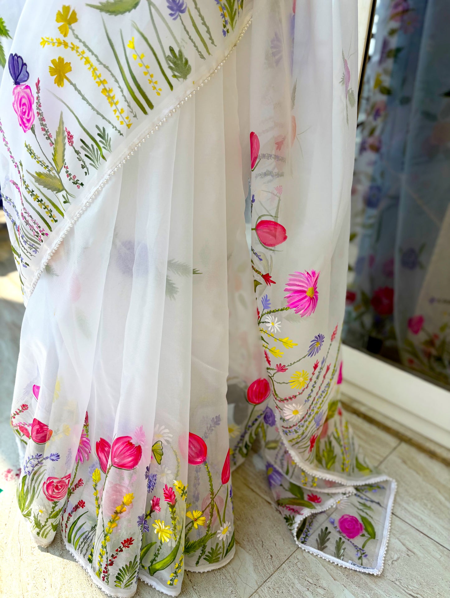 White Floral Handpainted Organza Saree with Pearl Lace Borders