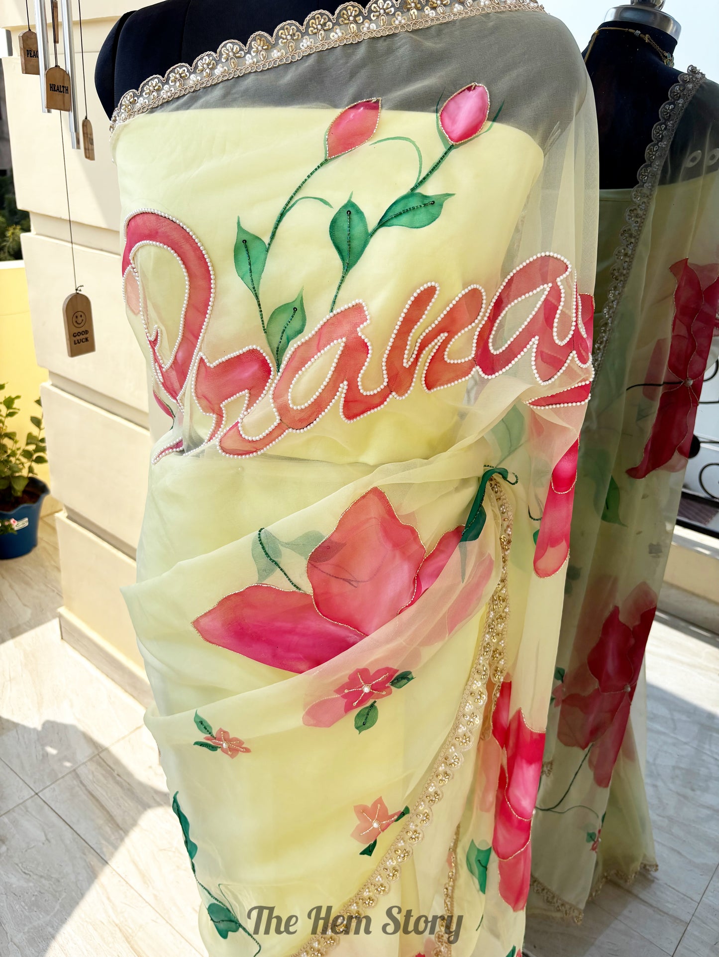 CHITRAKARI -Custom Name Handpainted Saree with Pearl Handwork Detailings