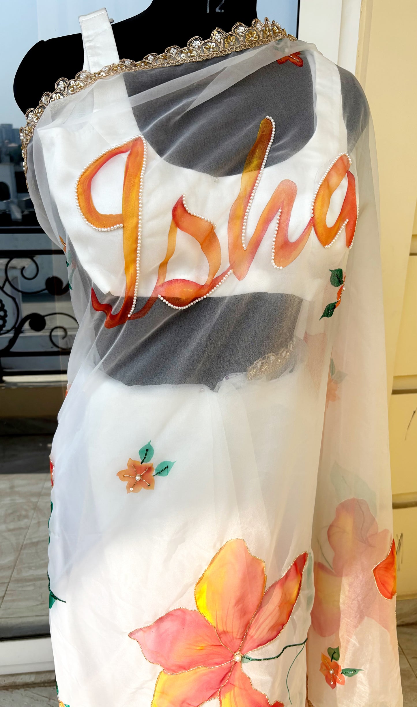 CHITRAKARI -Custom Name Handpainted Saree with Pearl Handwork Detailings