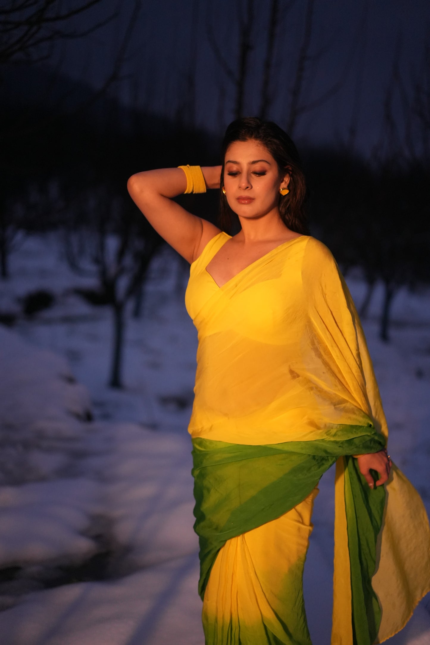 JASHN- Yellow Green Ombre Organza Saree with Stitched Blouse