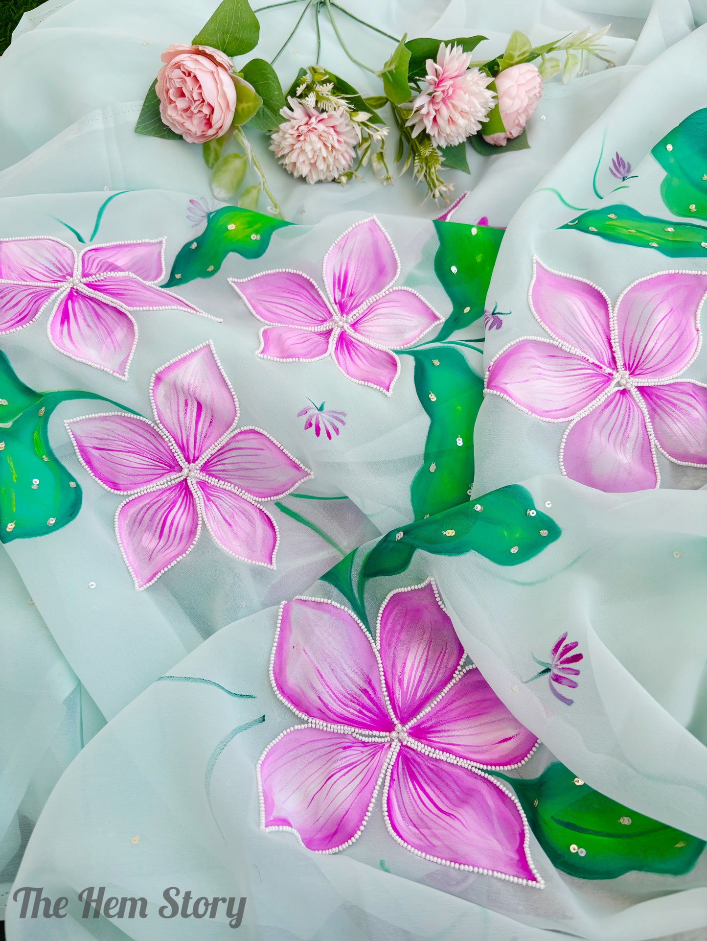 CHITRAKARI -Custom Name Sea Green Handpainted Saree with Pearl Handwork Detailings