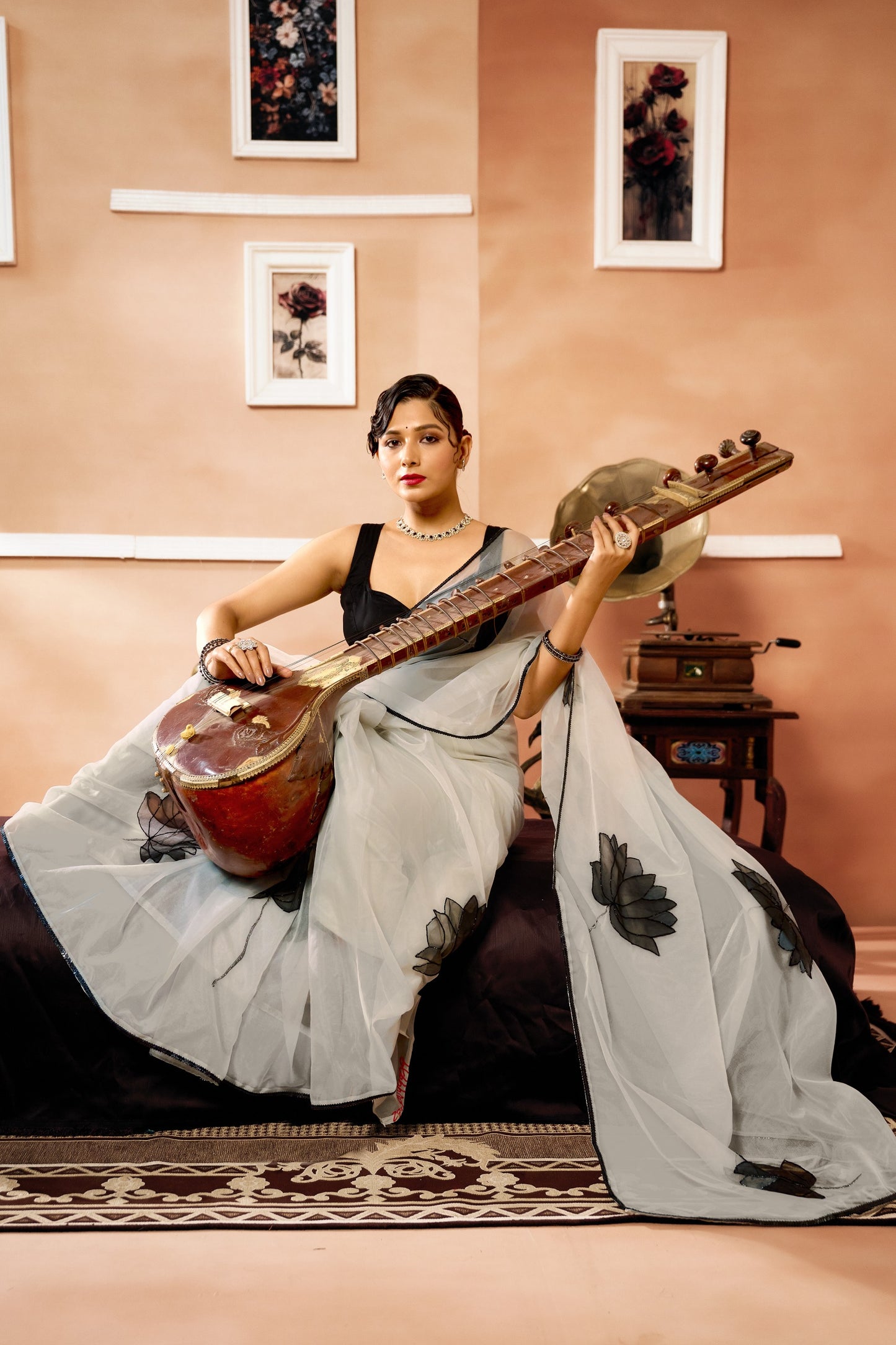 Black lotus organza handpainted saree