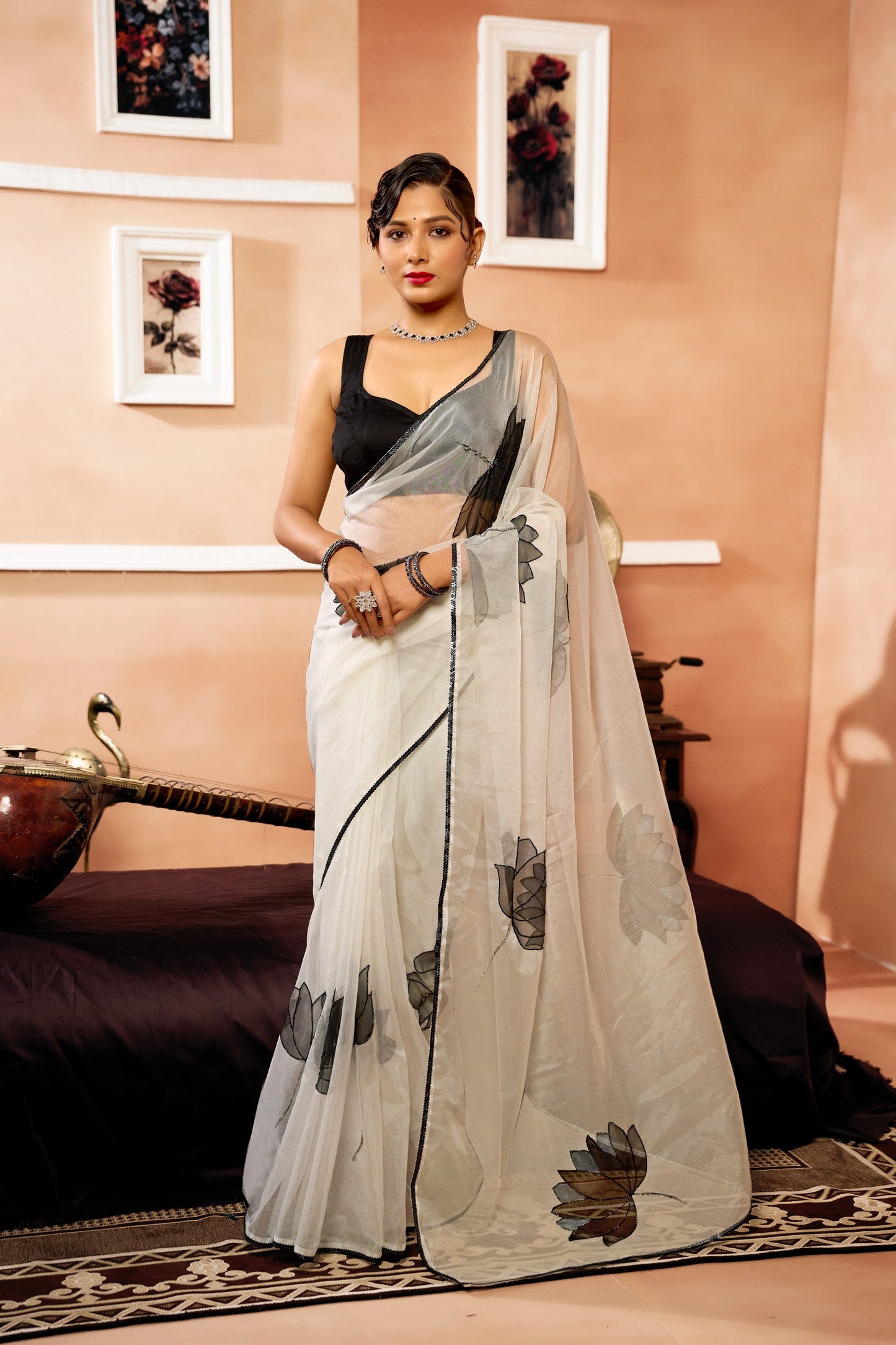 Black lotus organza handpainted saree