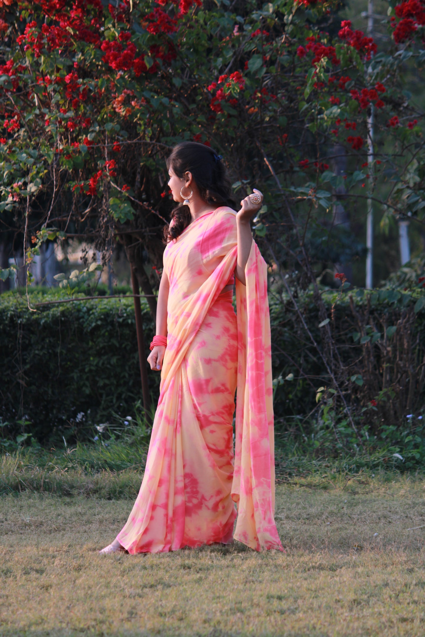 JASHN- Coral Pure Georgette Tie & Dye Saree