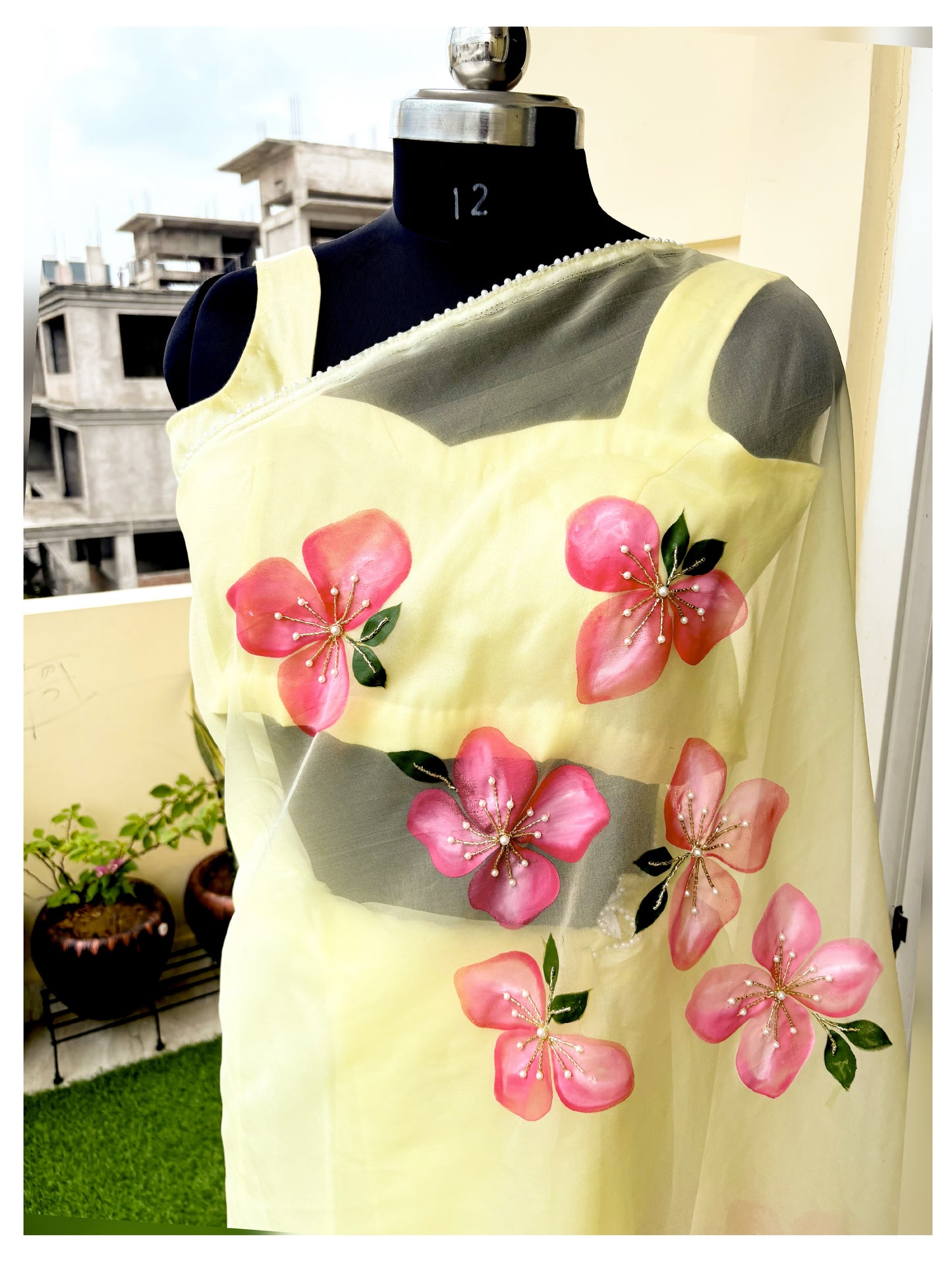 CHITRAKARI-Lemon Yellow Handpainted Organza Saree With Handembroidery