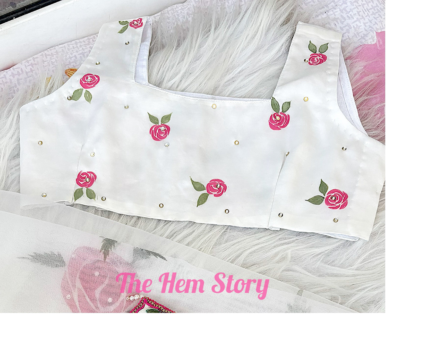 White Organza Handpainted Kids lehenga Set