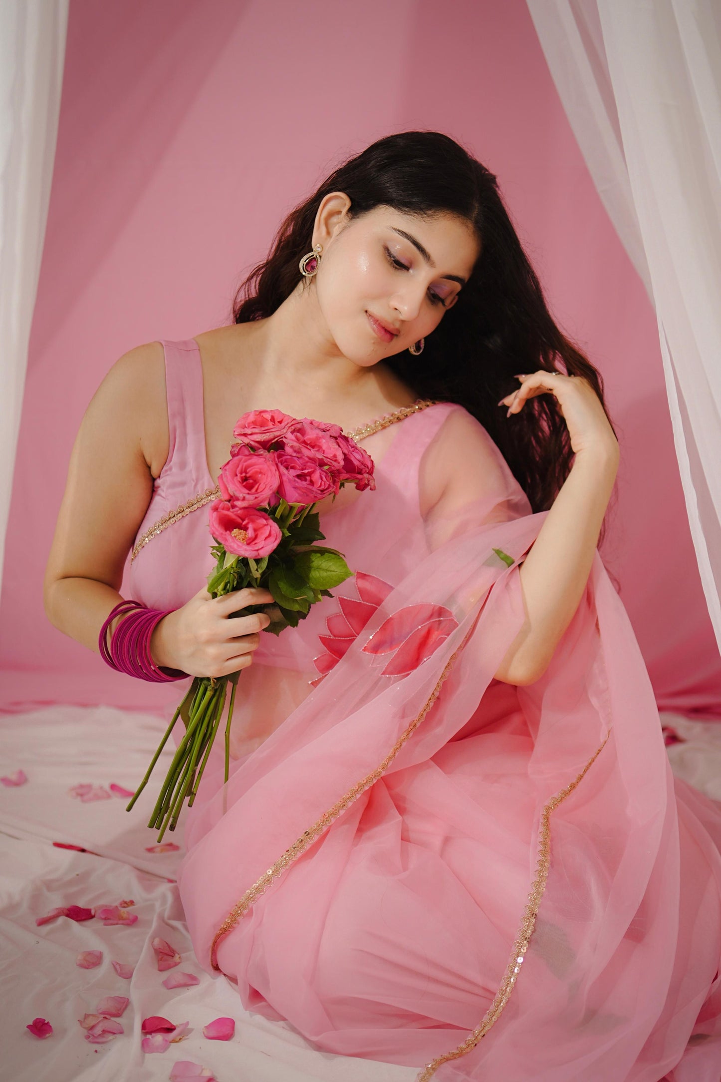 Blush Pink Organza Handpainted Lotus Saree with Handembroidery