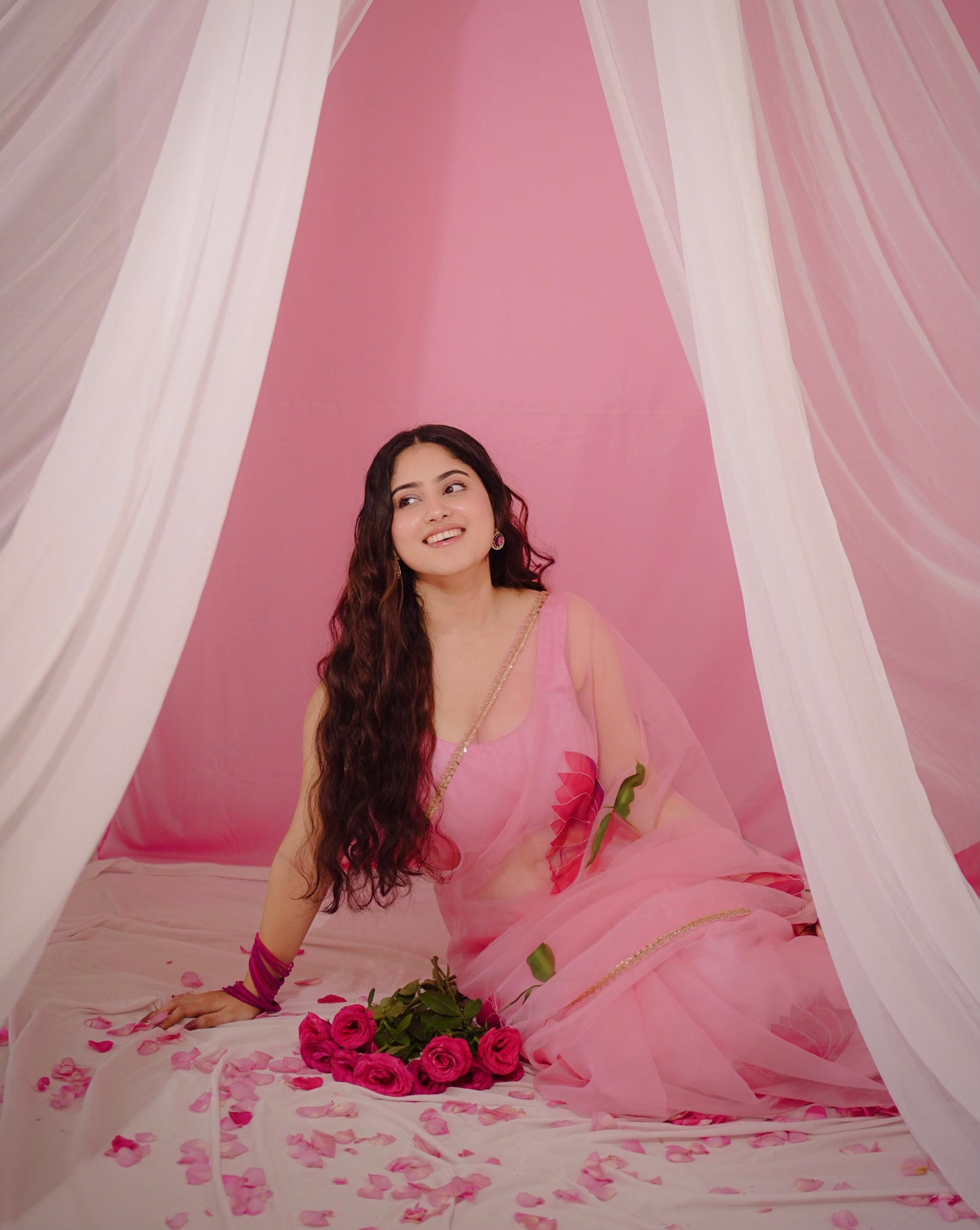 Blush Pink Organza Handpainted Lotus Saree with Handembroidery