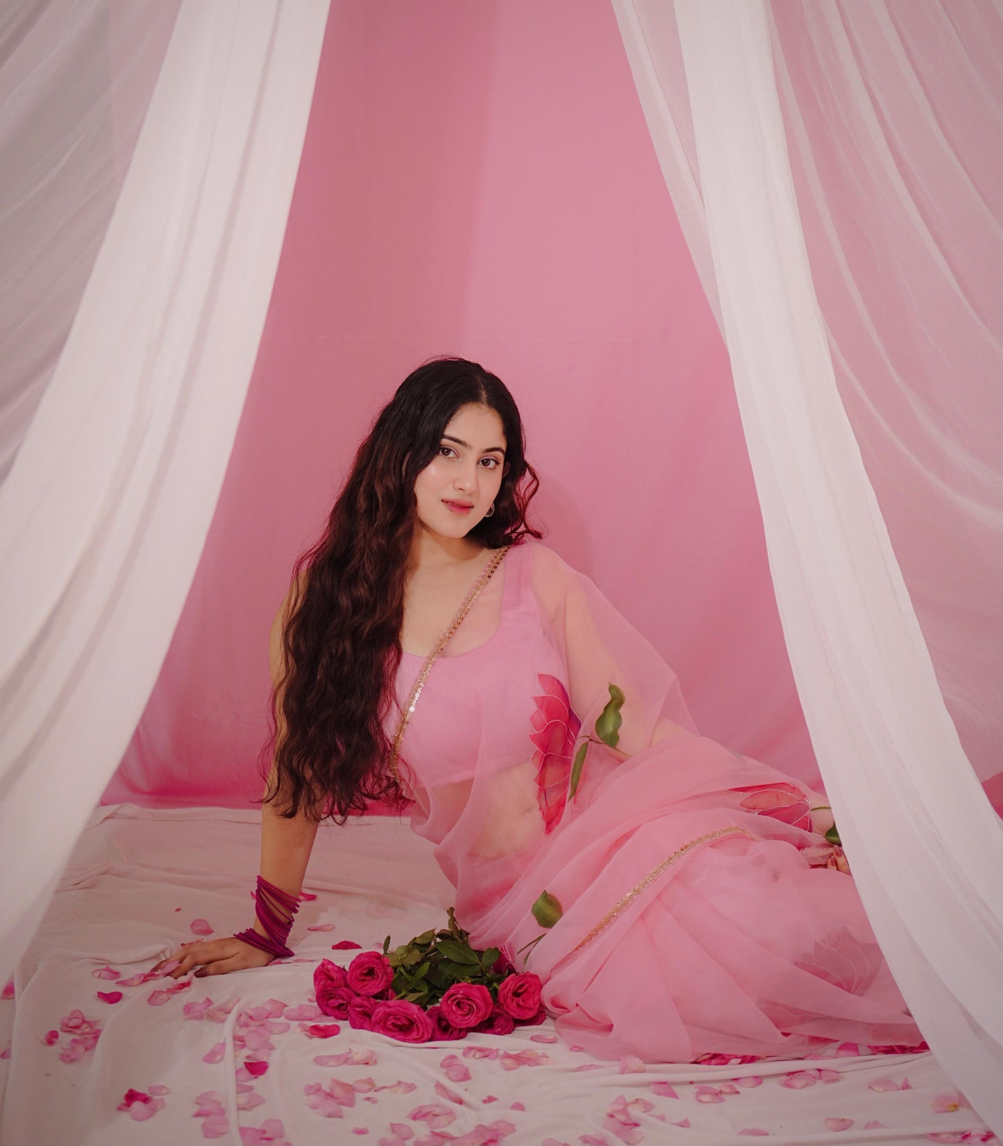 Blush Pink Organza Handpainted Lotus Saree with Handembroidery