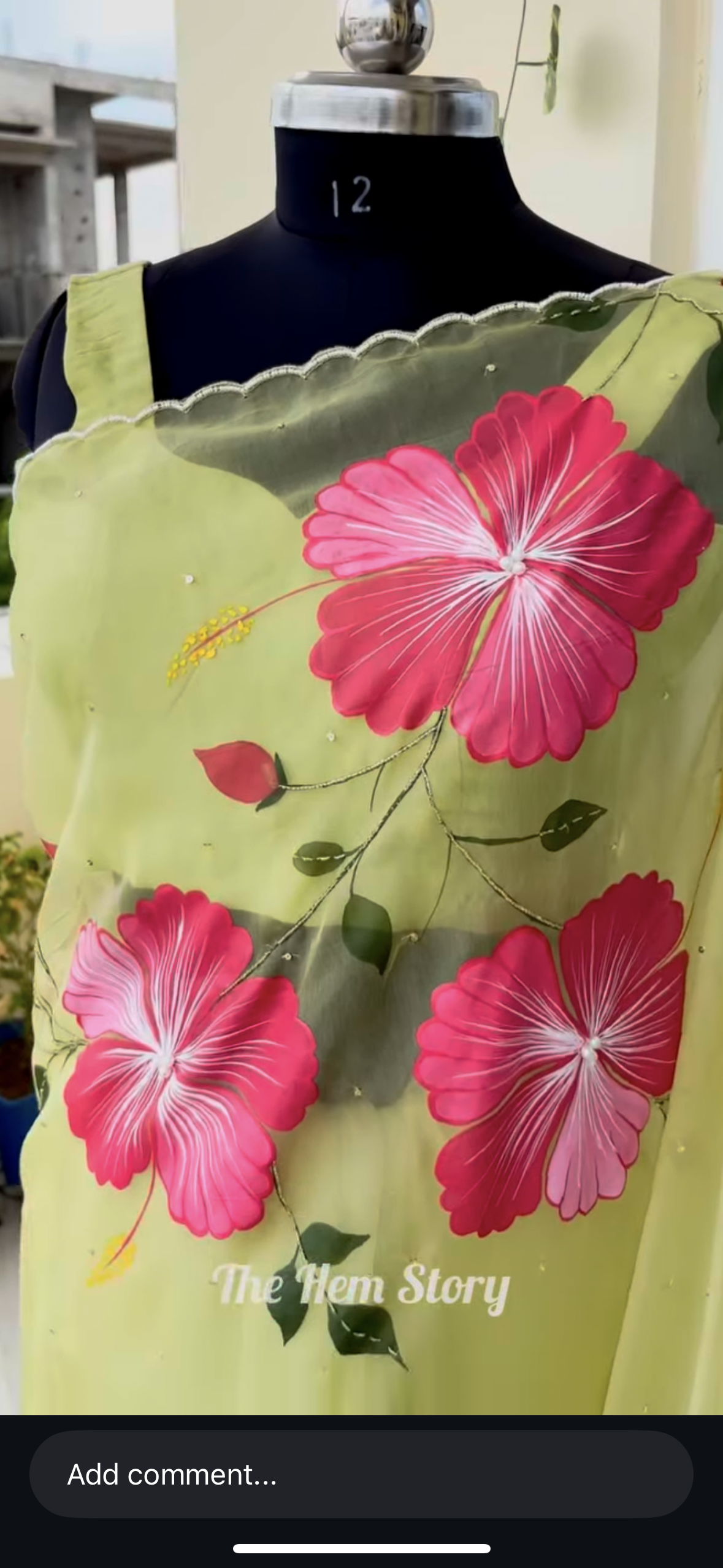 Green Handpainted Hibiscus Organza Saree With Handembroidery