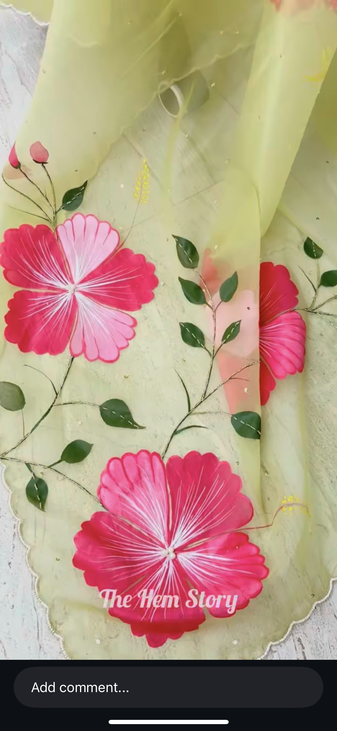 Green Handpainted Hibiscus Organza Saree With Handembroidery