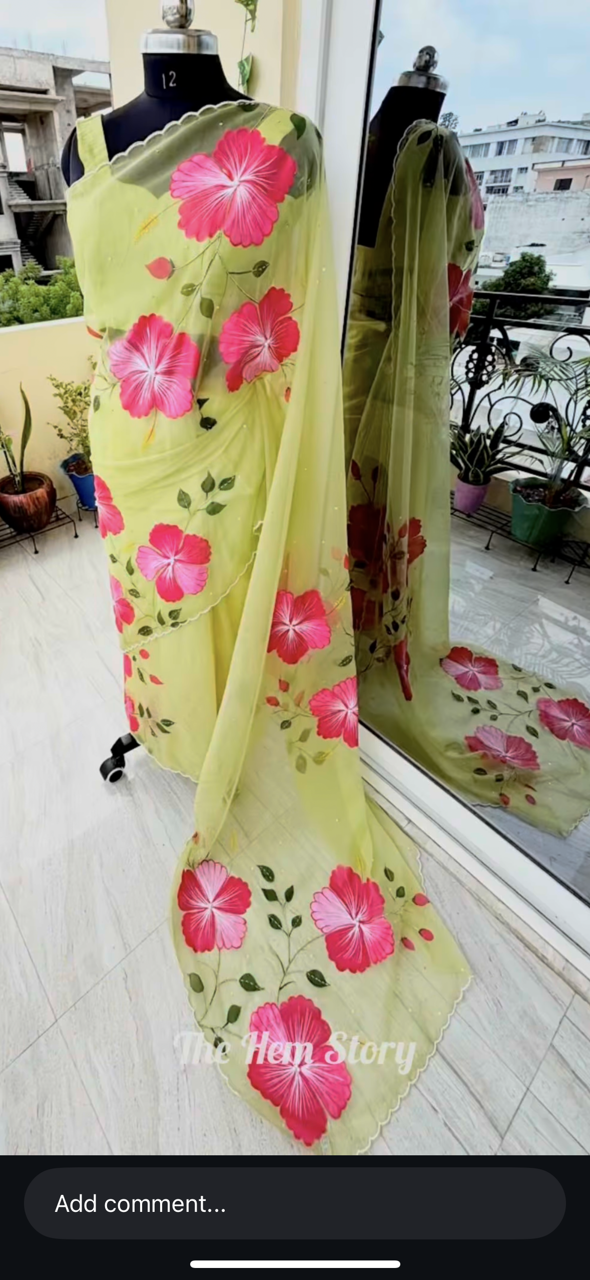Green Handpainted Hibiscus Organza Saree With Handembroidery
