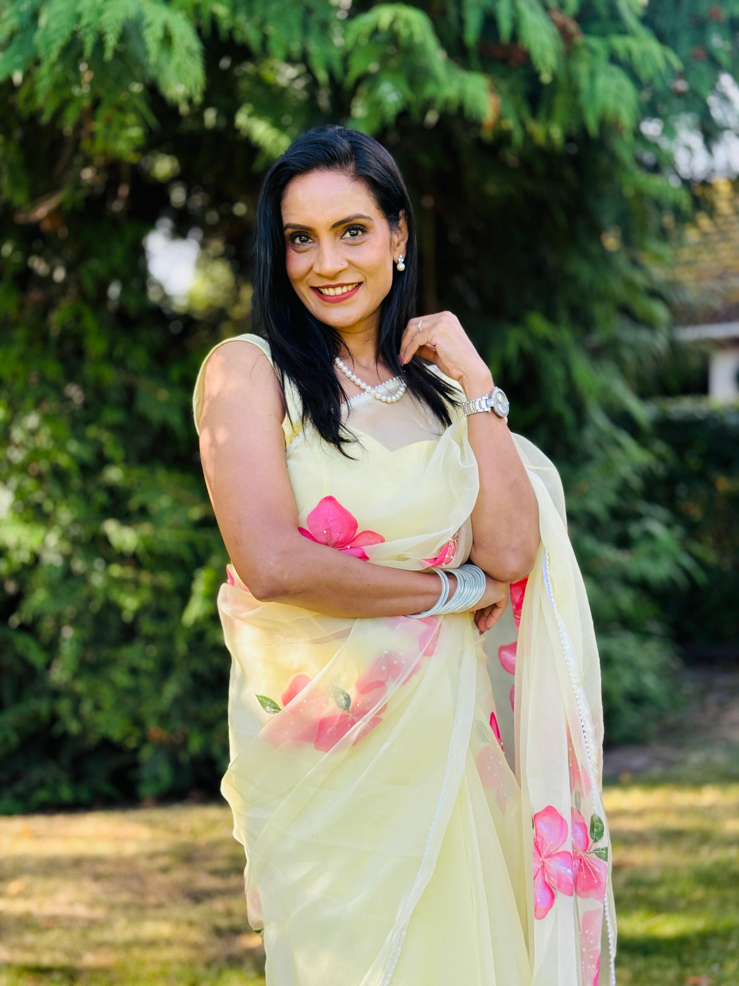 CHITRAKARI-Lemon Yellow Handpainted Organza Saree With Handembroidery