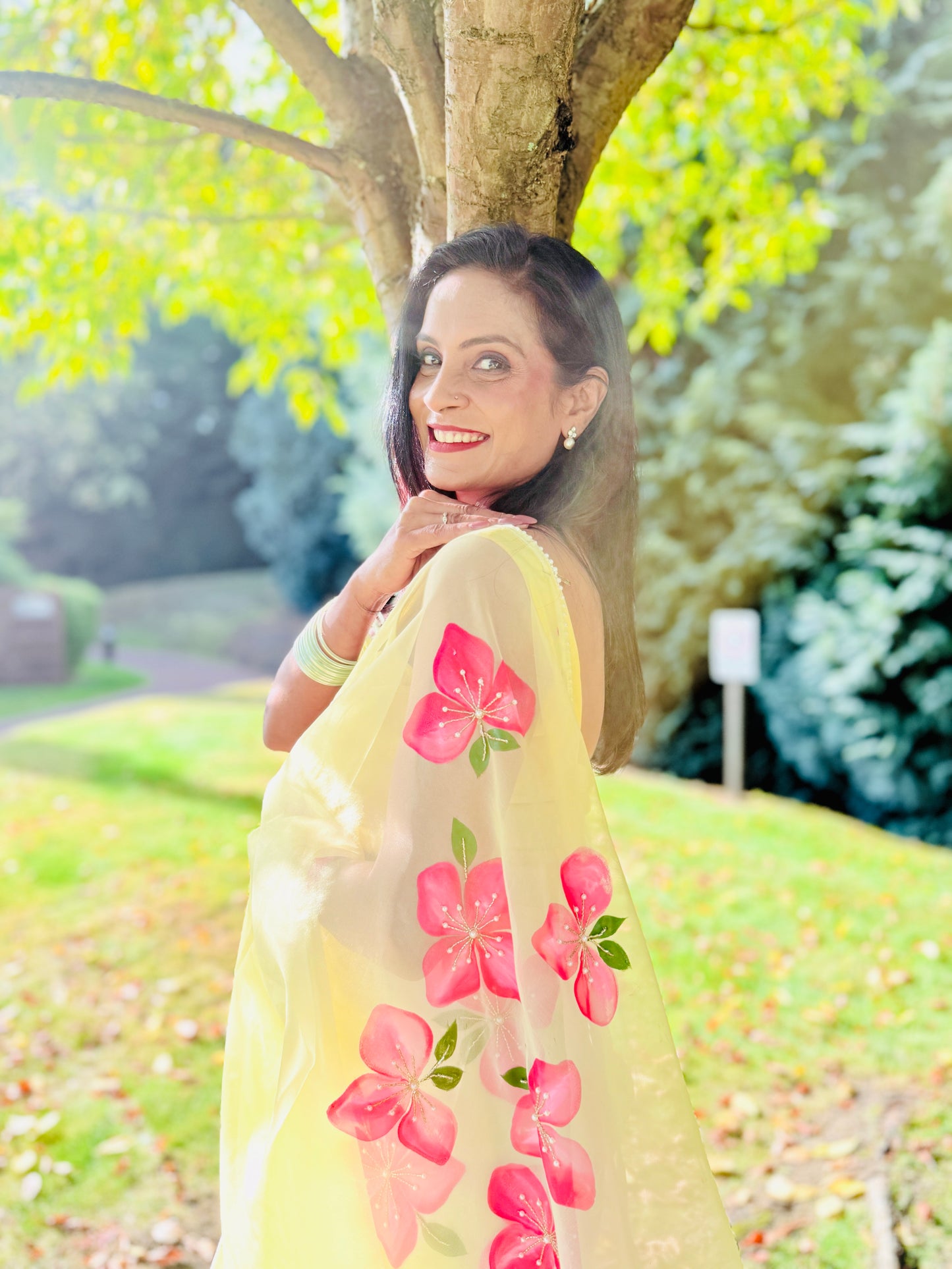 CHITRAKARI-Lemon Yellow Handpainted Organza Saree With Handembroidery