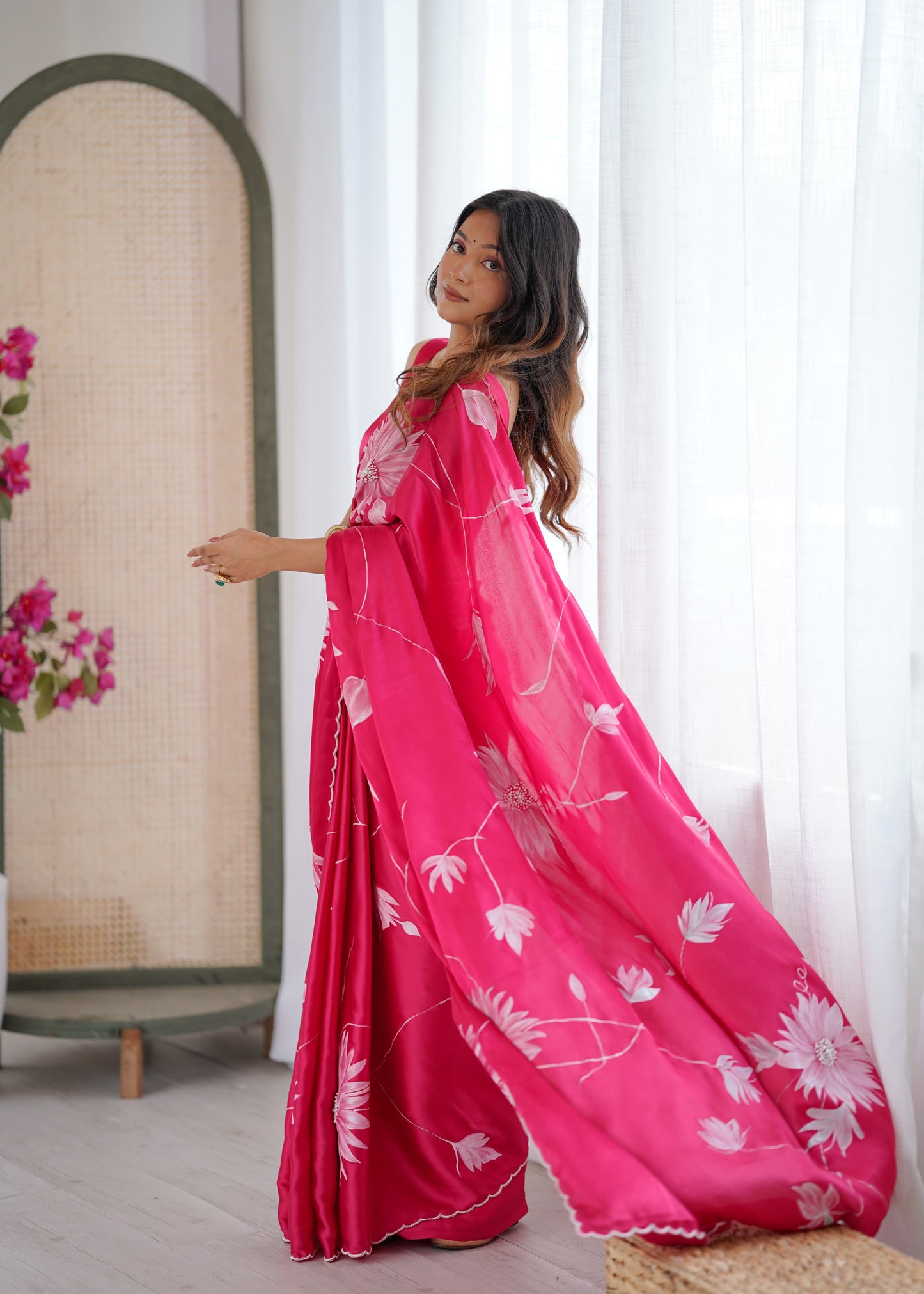 Pink Soft Silk Handpainted Saree with Pearl Handembroidery