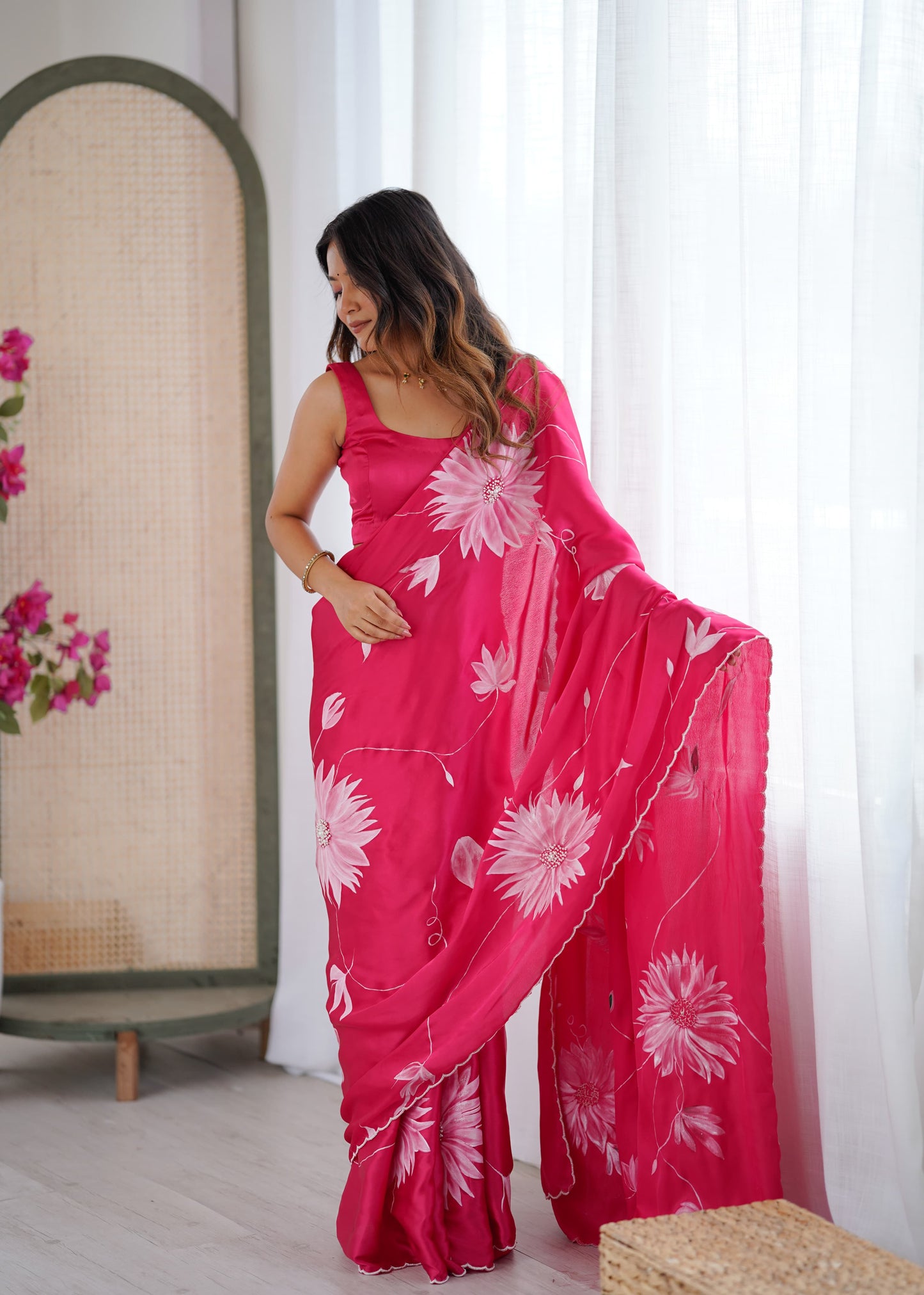 Pink Soft Silk Handpainted Saree with Pearl Handembroidery
