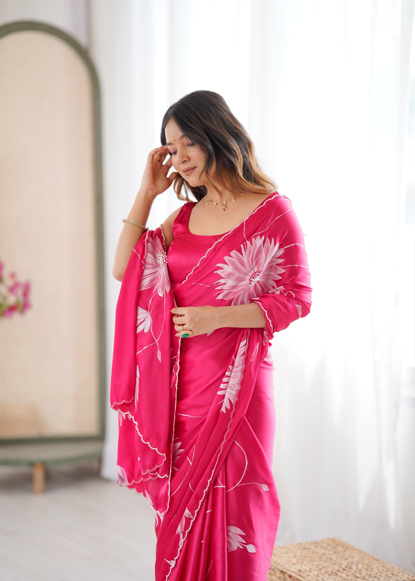 Pink Soft Silk Handpainted Saree with Pearl Handembroidery