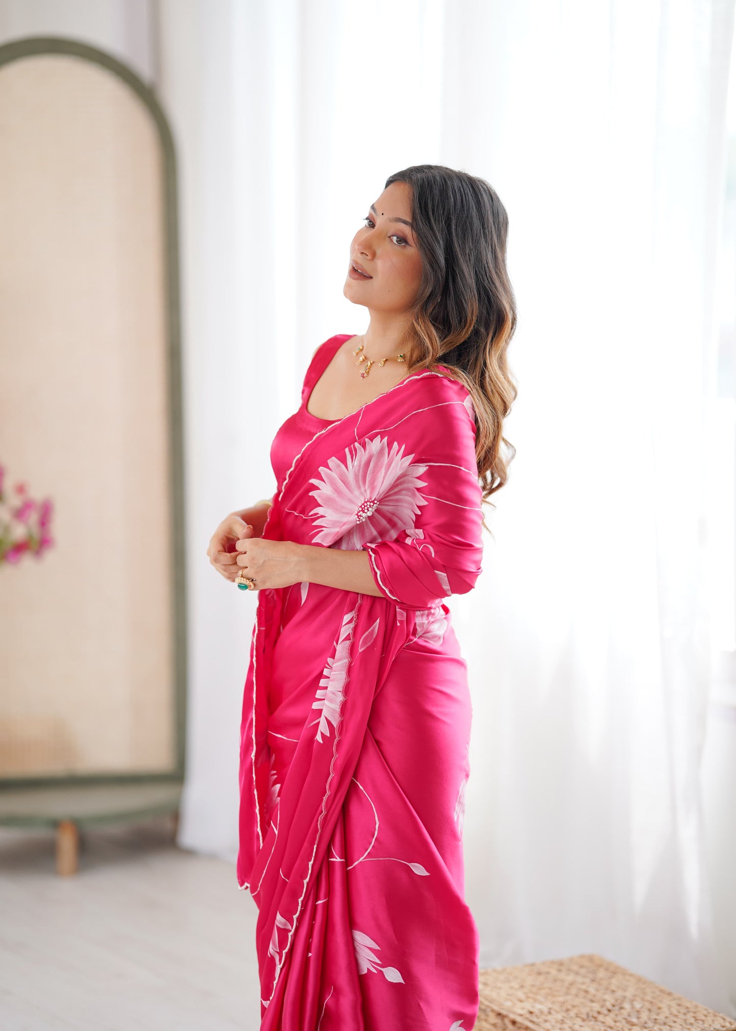Pink Soft Silk Handpainted Saree with Pearl Handembroidery
