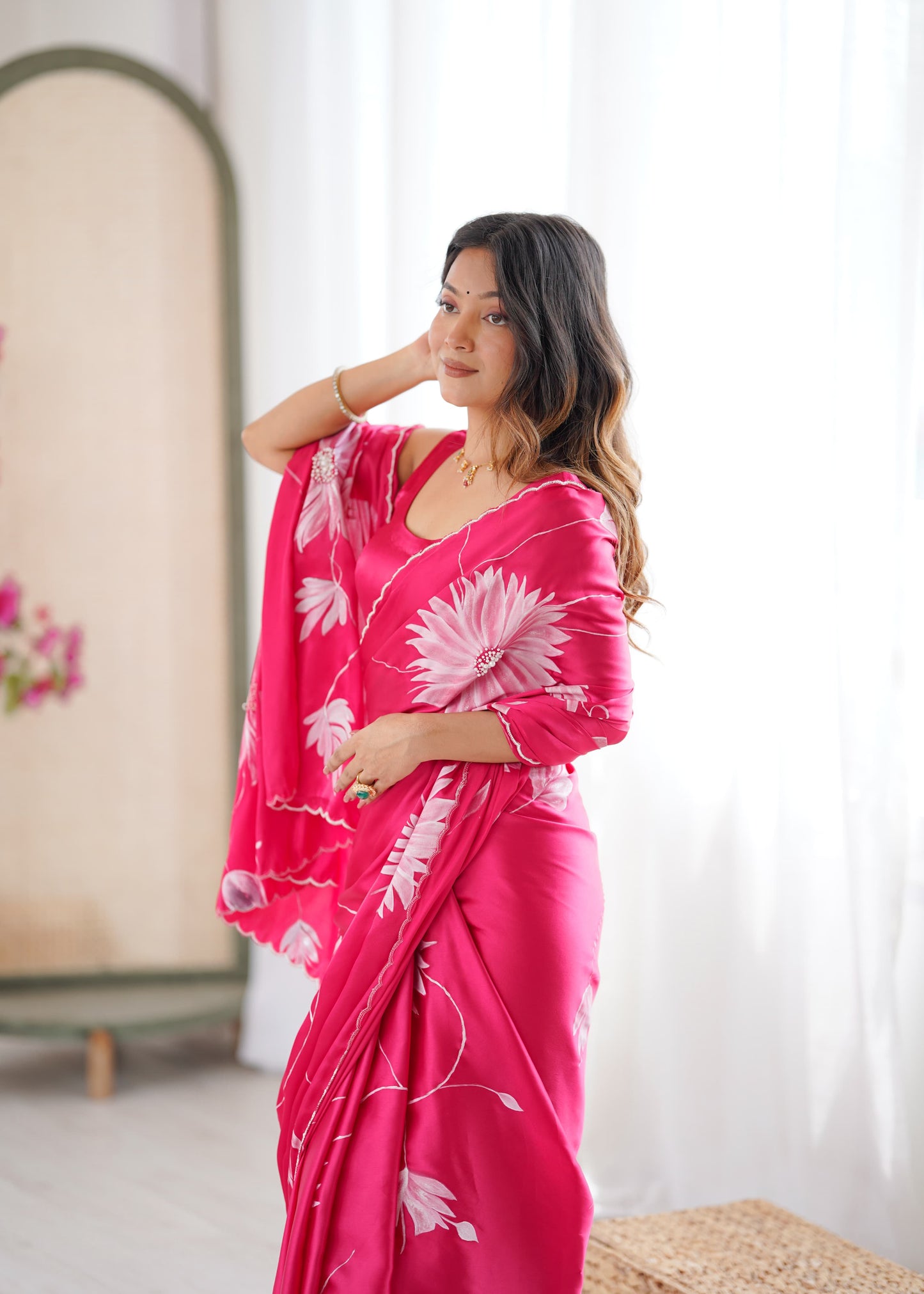 Pink Soft Silk Handpainted Saree with Pearl Handembroidery