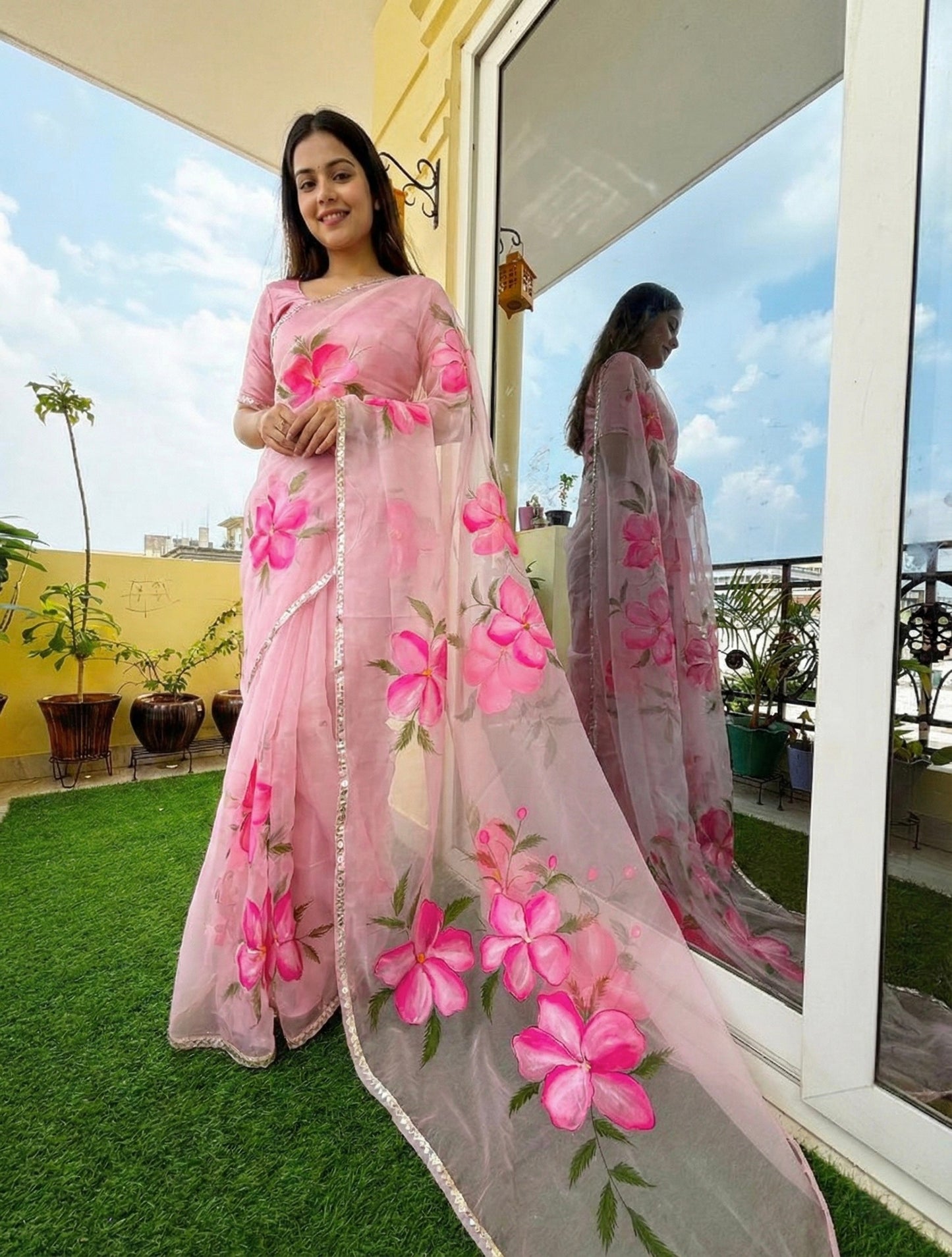 Blush Pink Handpainted Organza Saree