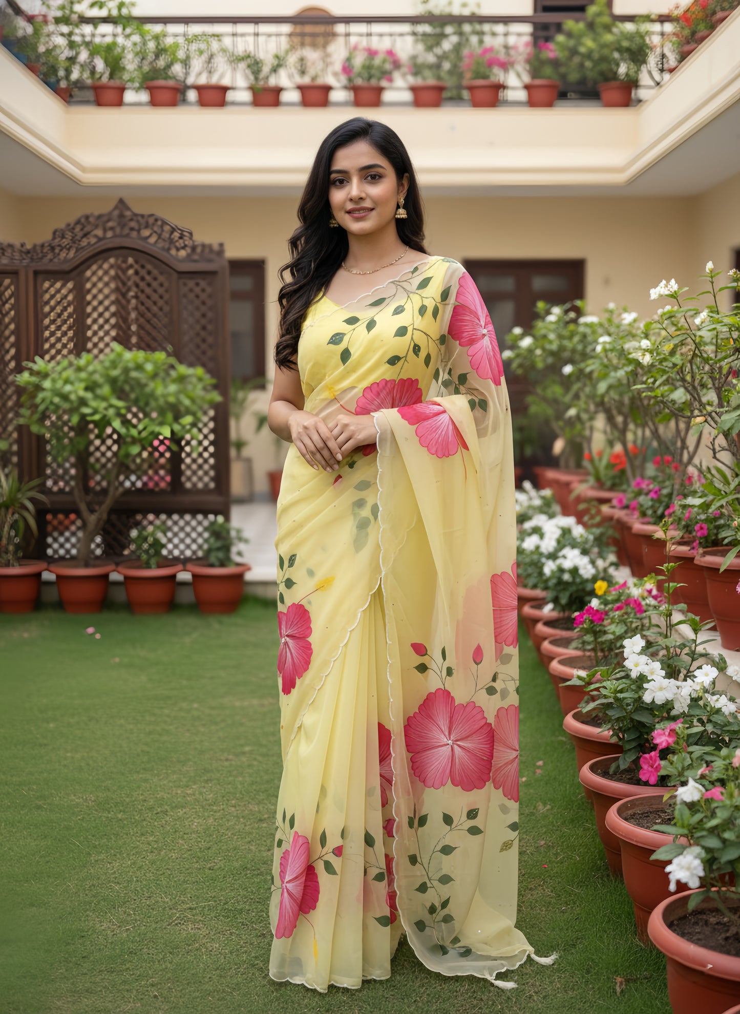 Yellow Handpainted Hibiscus Organza Saree With Handembroidery