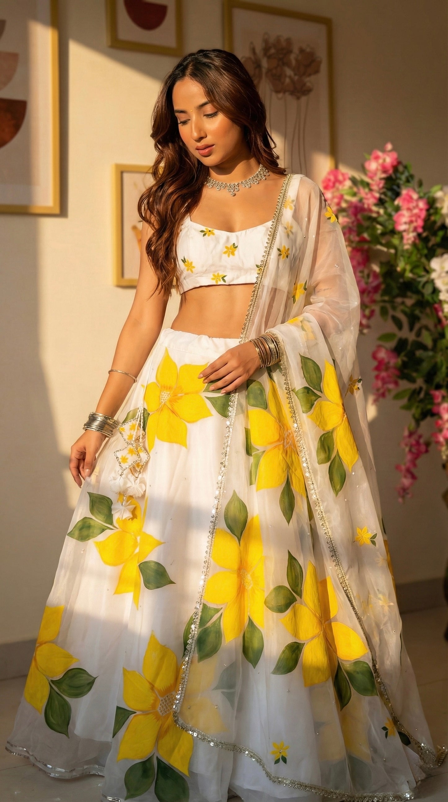 Handpainted Floral Lehenga Set with Sequins and gota work Detailings