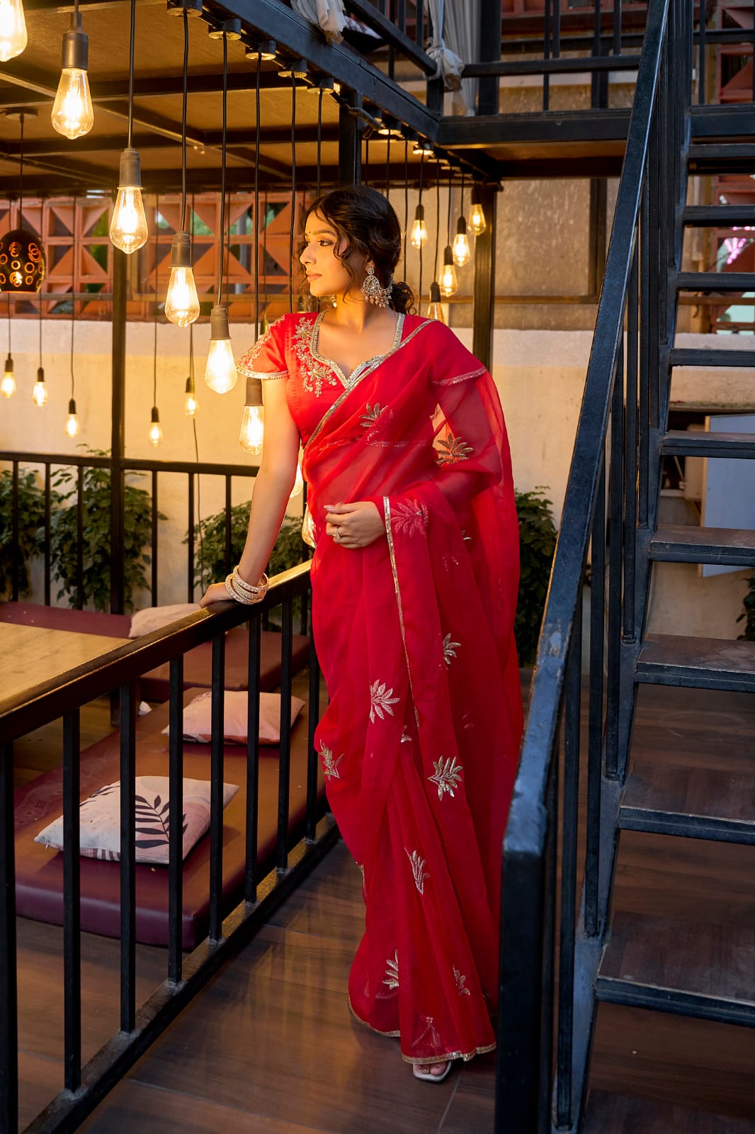 Noor- Red HandEmbroidered Organza Saree