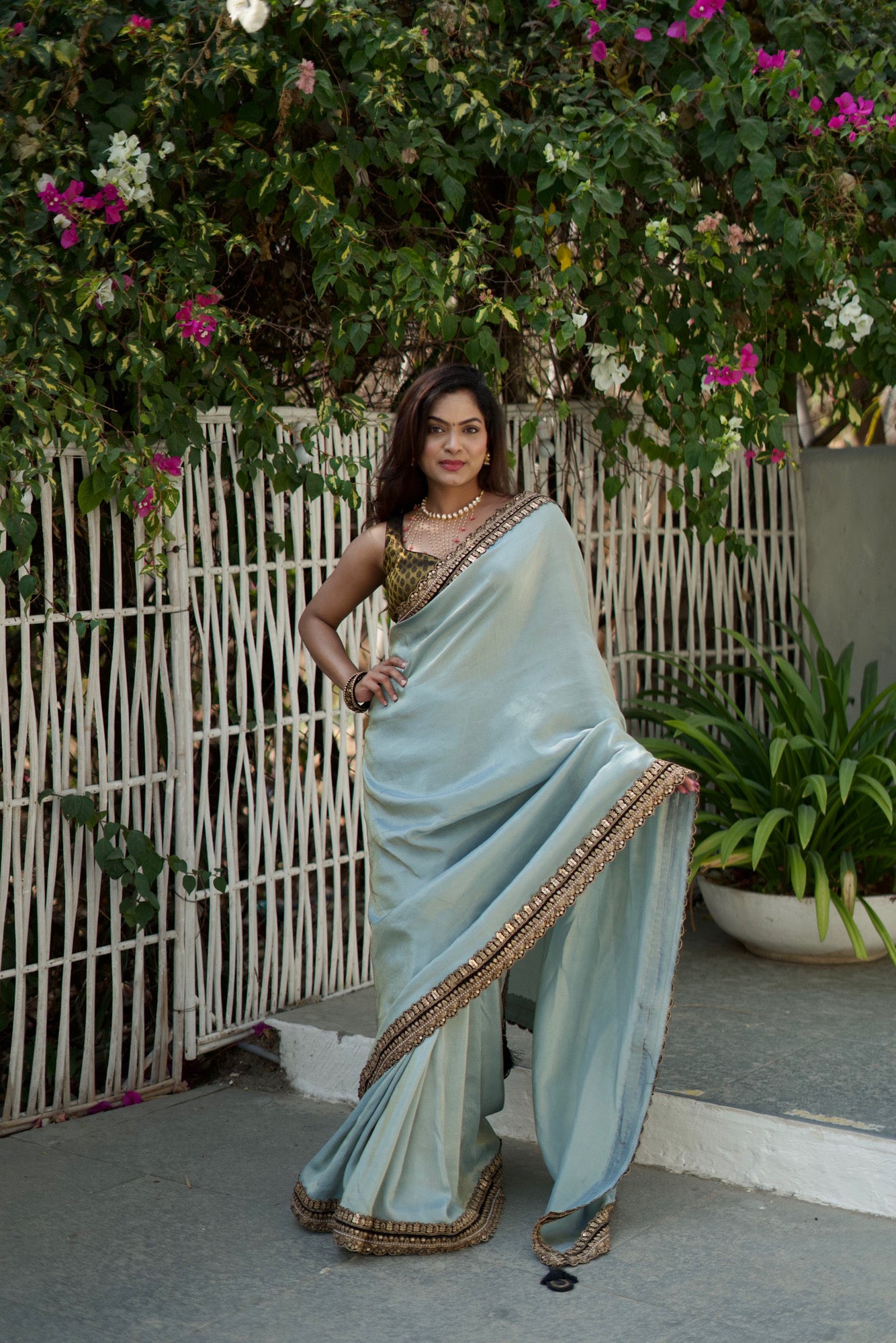 NOOR- Grey Soft Tissue Saree with Intricate Zari Work Borders
