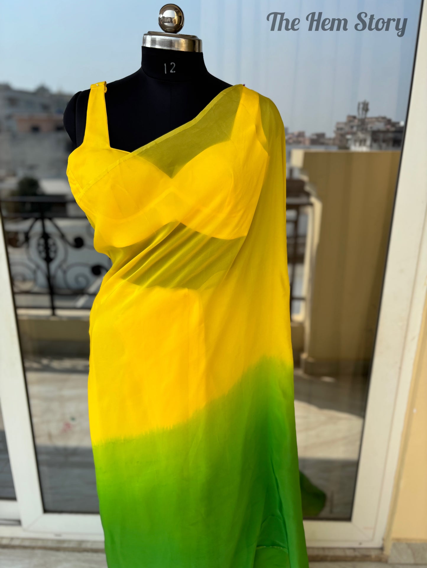 JASHN- Yellow Green Ombre Organza Saree with Stitched Blouse