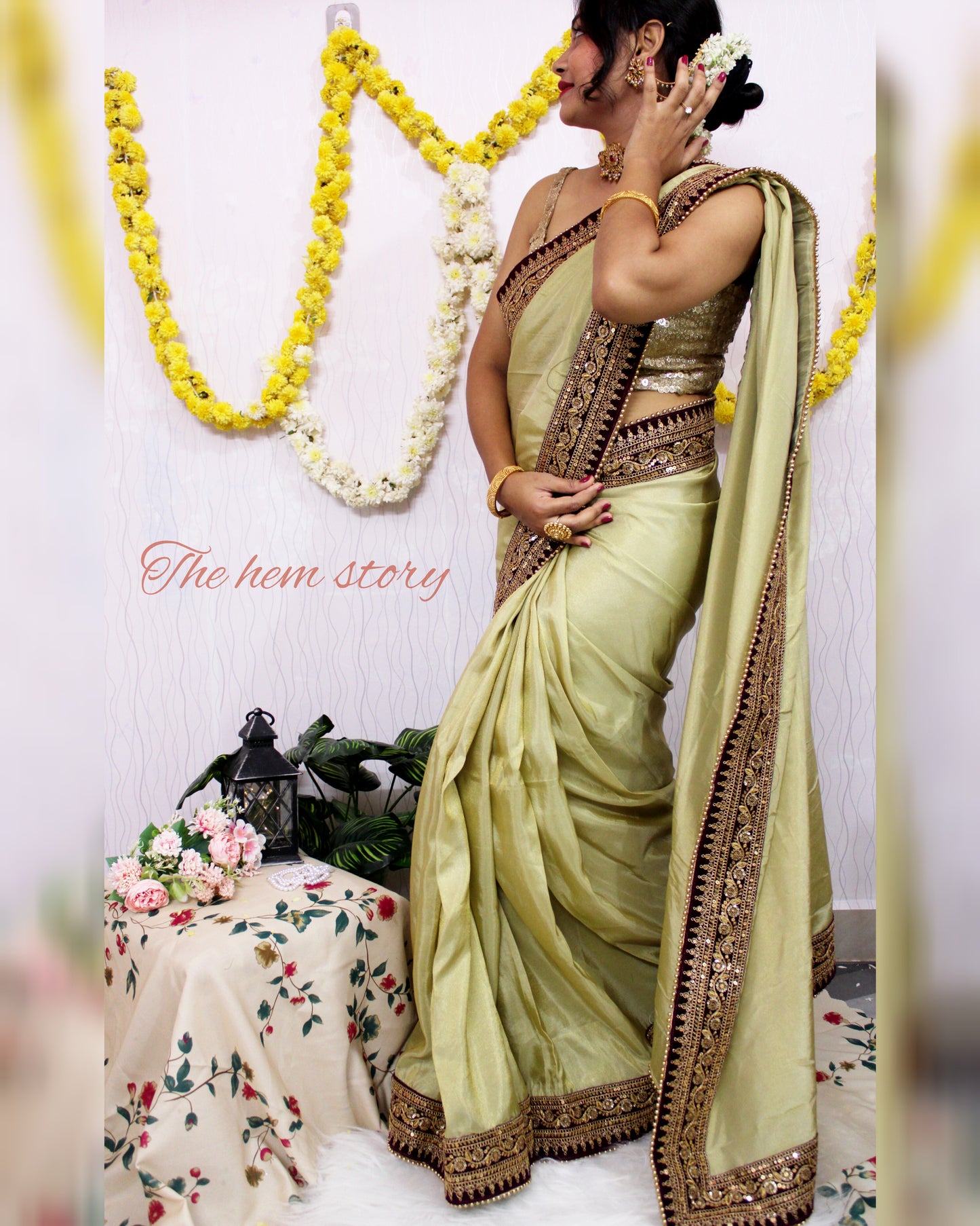 NOOR- Champagne Shade Soft Tissue Sari With Zari Work Borders