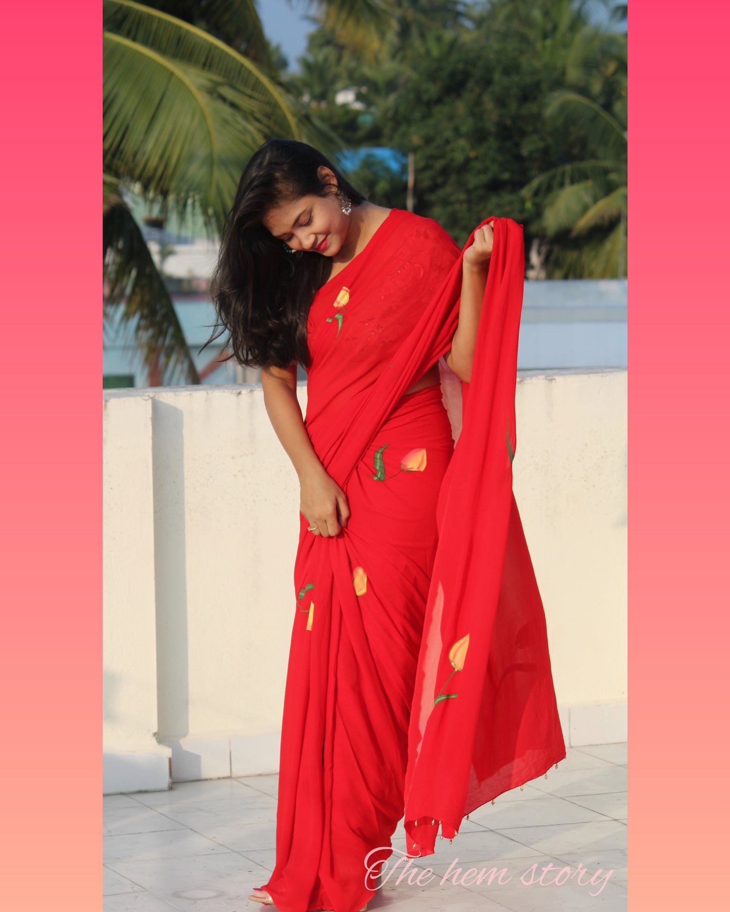 CHITRAKARI- red tulip handpainted saree paired with off white embellished blouse