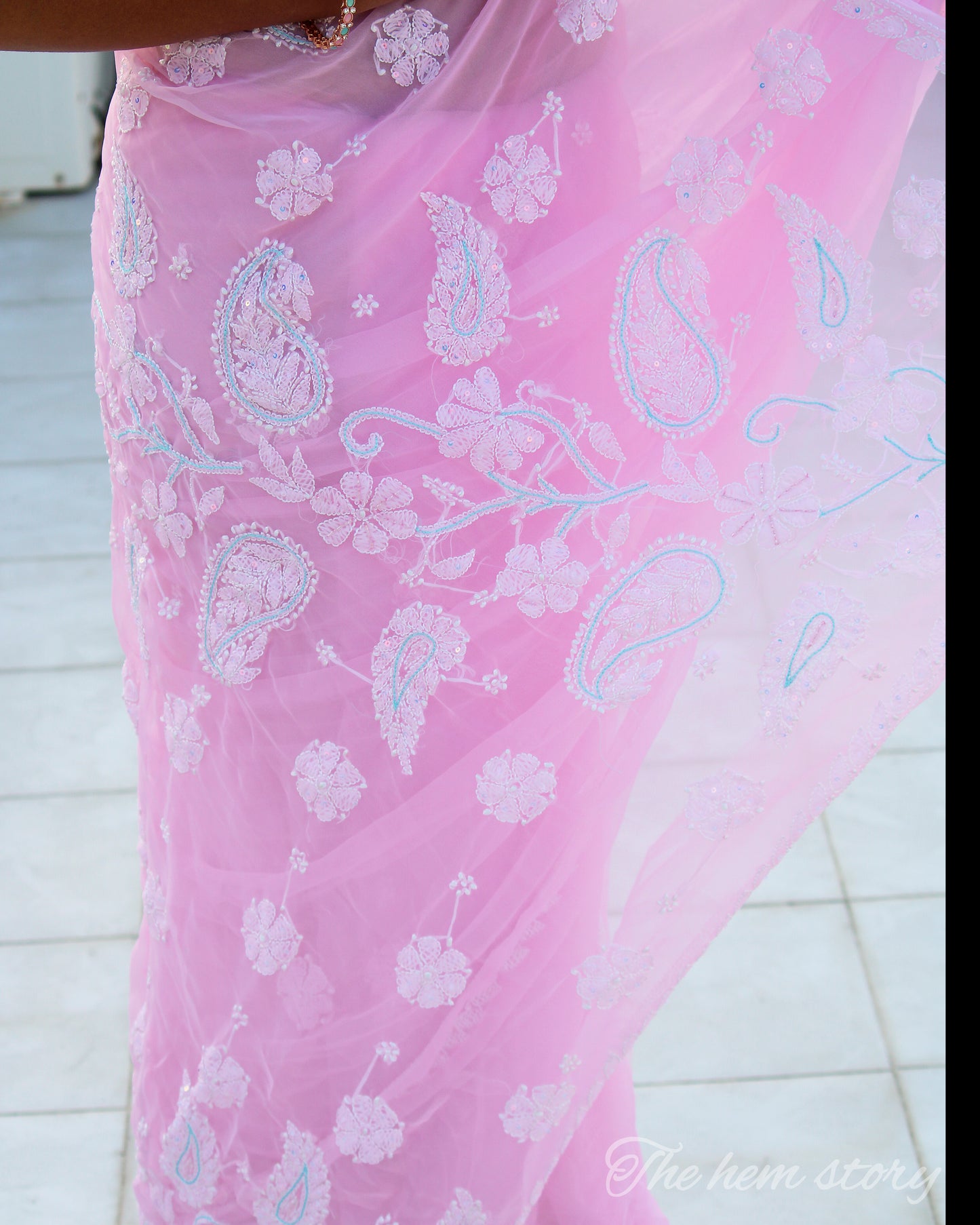 AFREEN - Pink Chikankari Saree with Intricate Cut Dana Embroidery Work