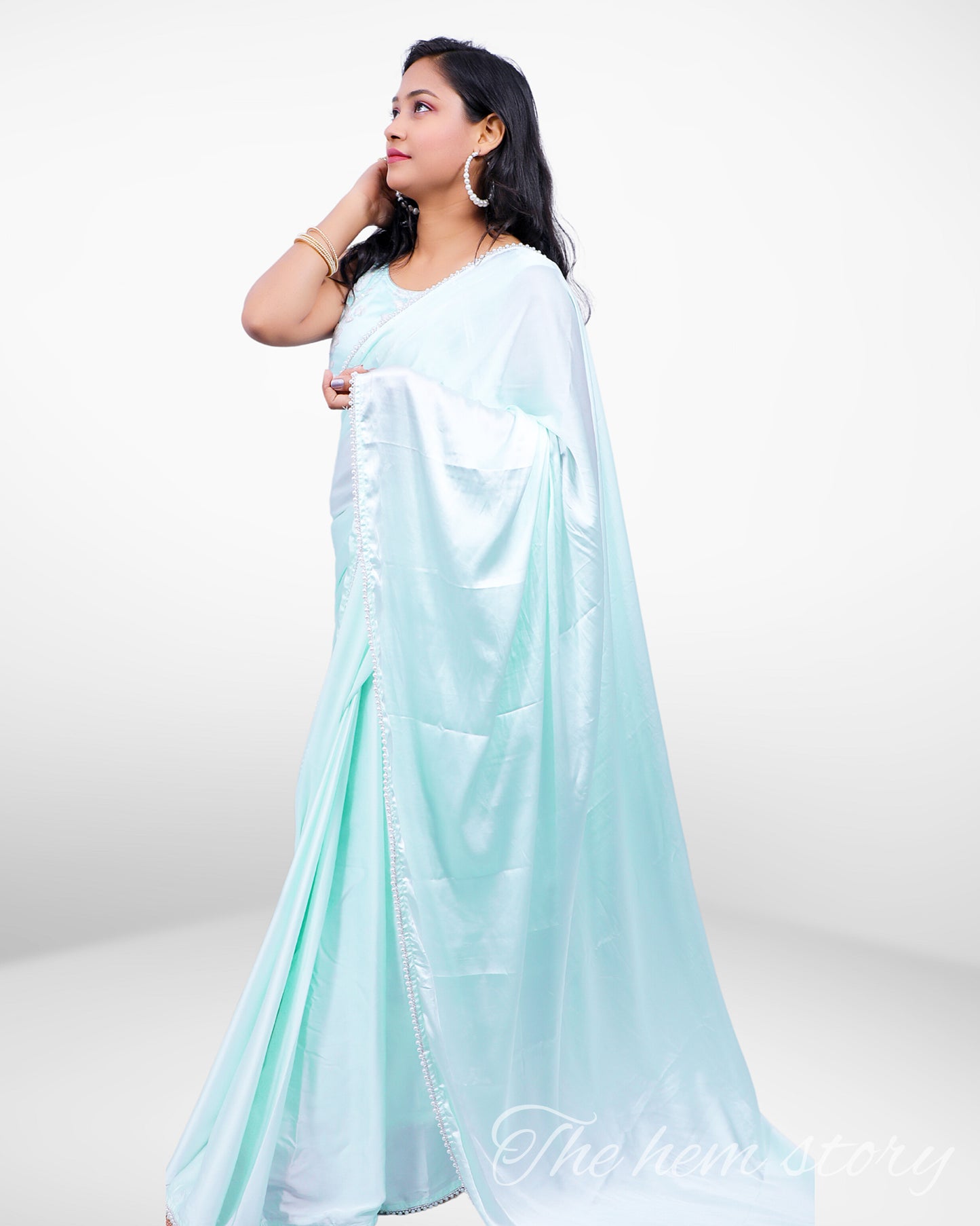JASHN - Snowy Soft Aqua Blue Satin Saree With Inticrate Pearl Borders
