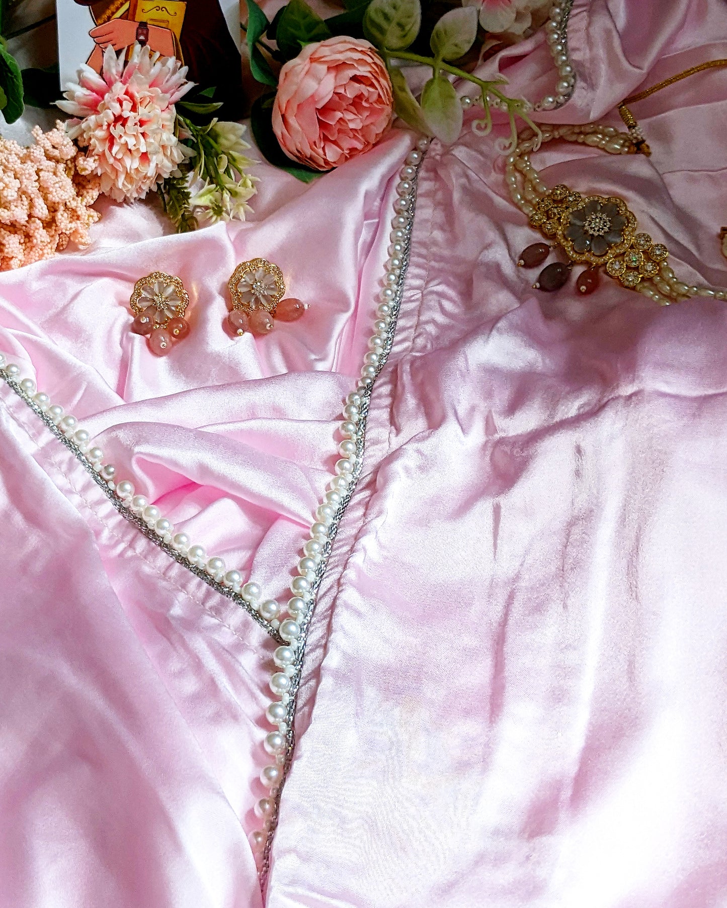 JASHN -Pastel Pink Satin saree with inticate pearl borders